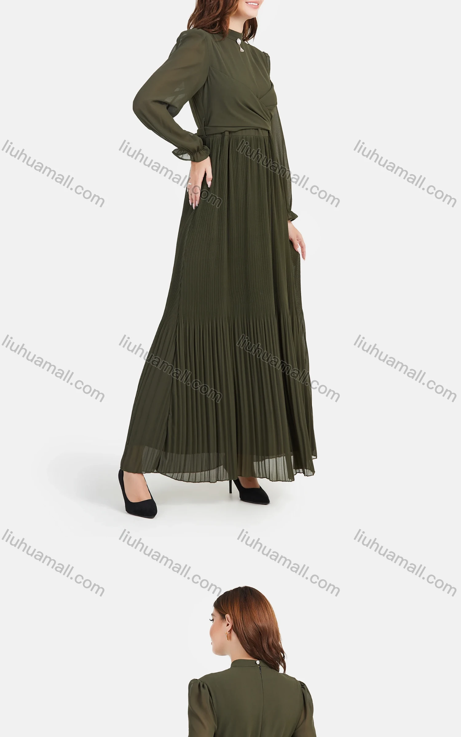 Wholesale Women's Chiffon Plain Mock Neck Long Sleeve Pleated Zip Back Maxi Dress - Liuhuamall