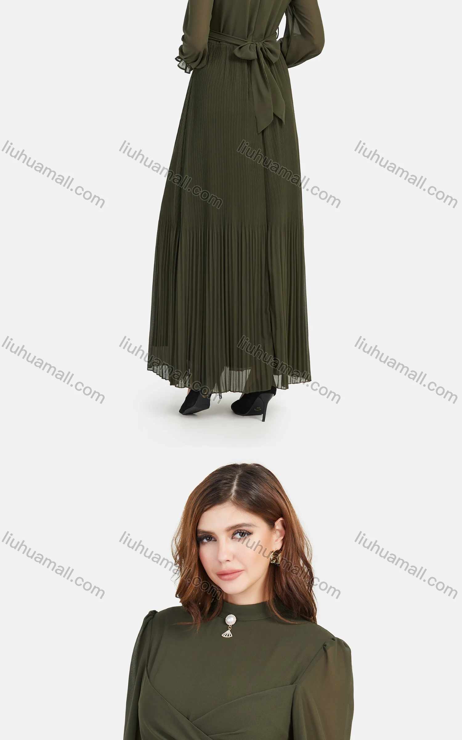Wholesale Women's Chiffon Plain Mock Neck Long Sleeve Pleated Zip Back Maxi Dress - Liuhuamall