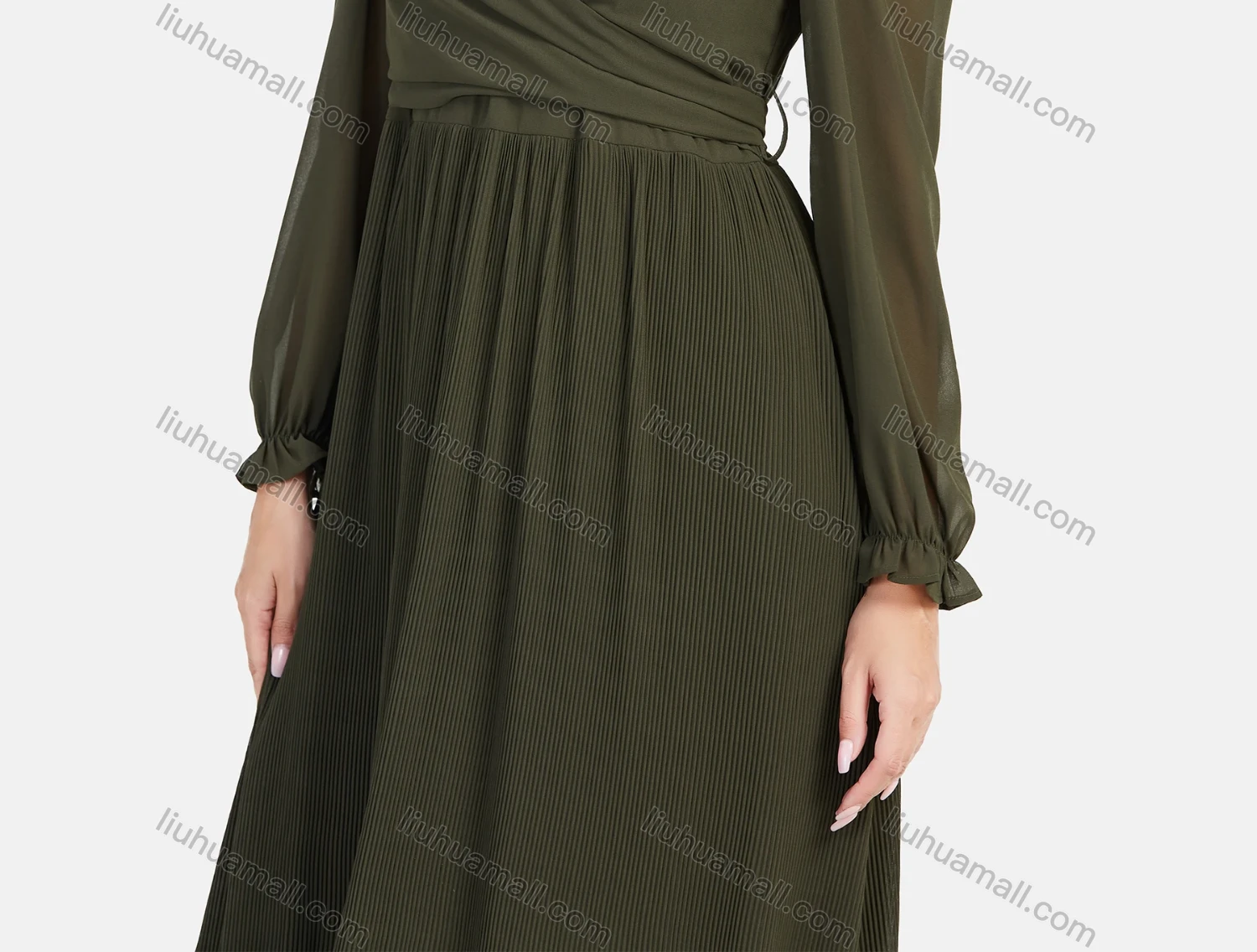 Wholesale Women's Chiffon Plain Mock Neck Long Sleeve Pleated Zip Back Maxi Dress - Liuhuamall