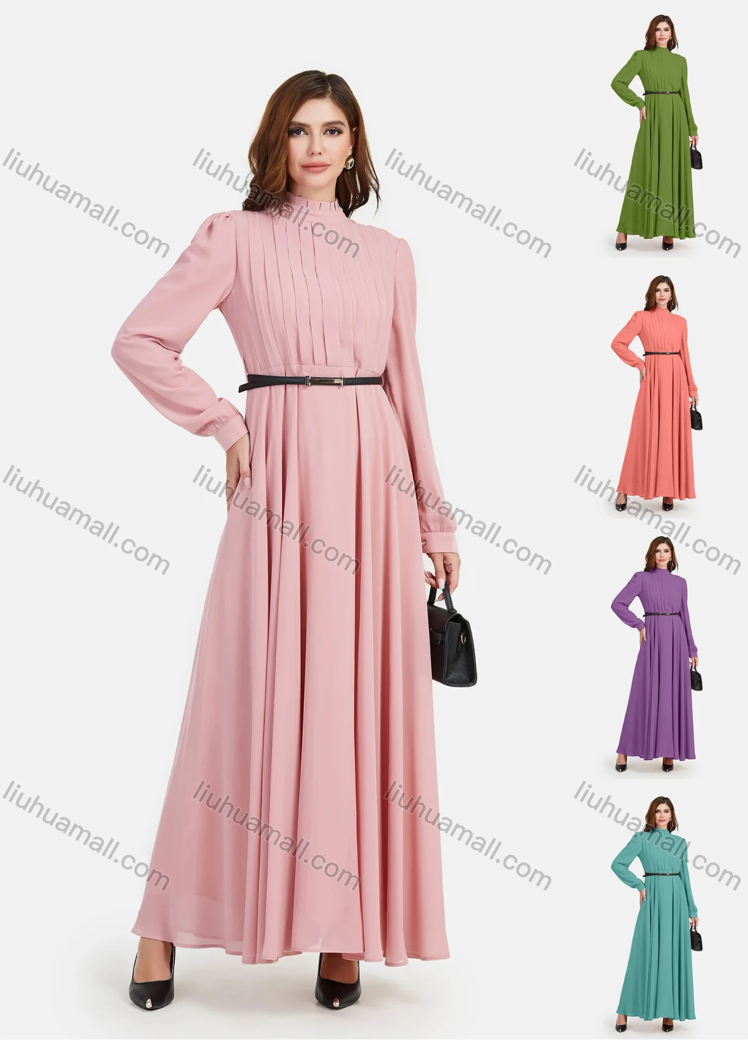Wholesale Women's Chiffon Plain Mock Neck Long Sleeve Ruched Maxi Dress With Belt - Liuhuamall