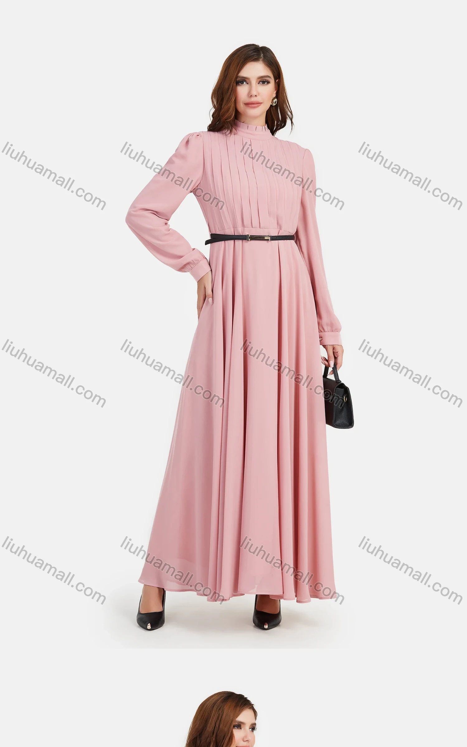 Wholesale Women's Chiffon Plain Mock Neck Long Sleeve Ruched Maxi Dress With Belt - Liuhuamall