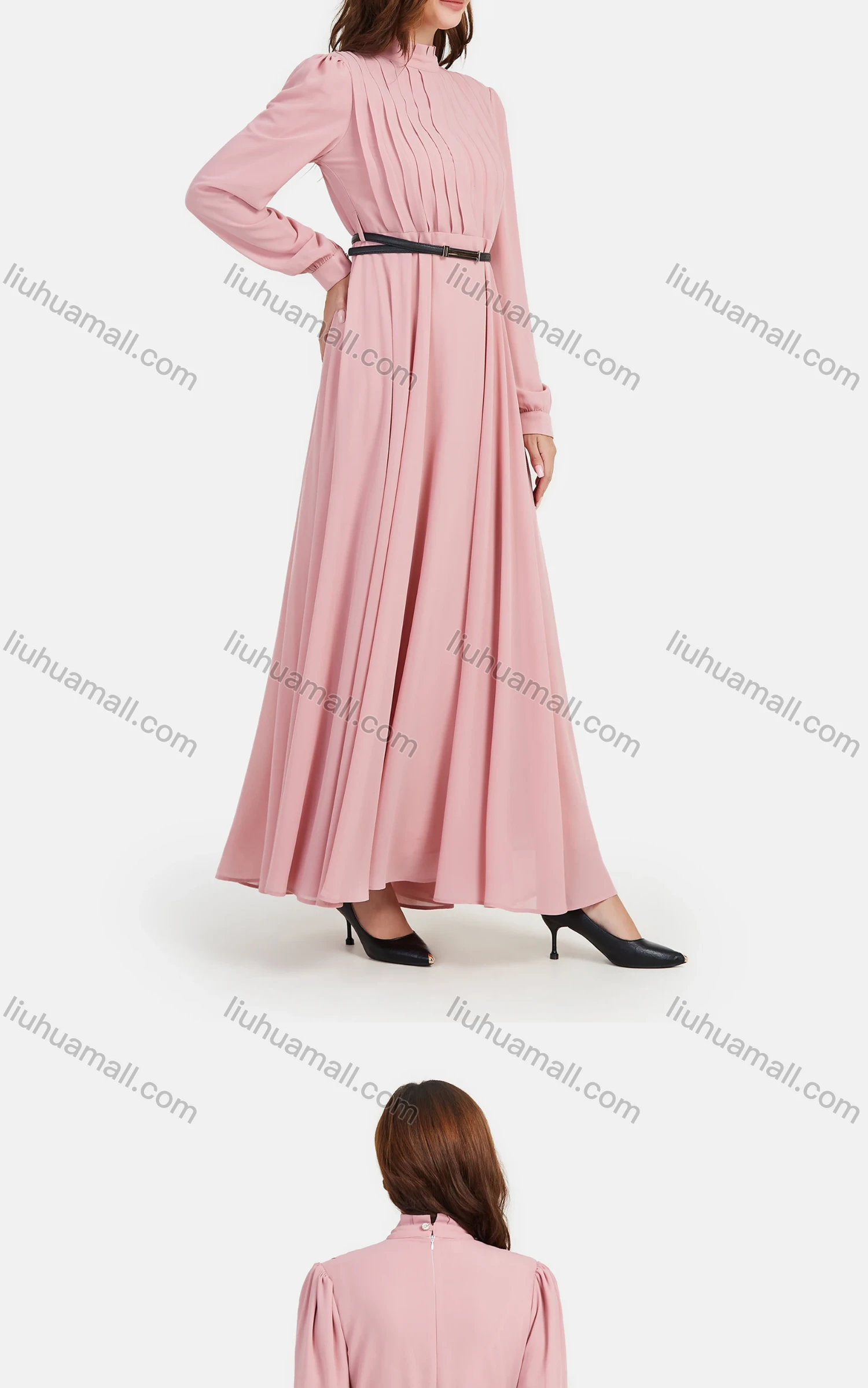Wholesale Women's Chiffon Plain Mock Neck Long Sleeve Ruched Maxi Dress With Belt - Liuhuamall