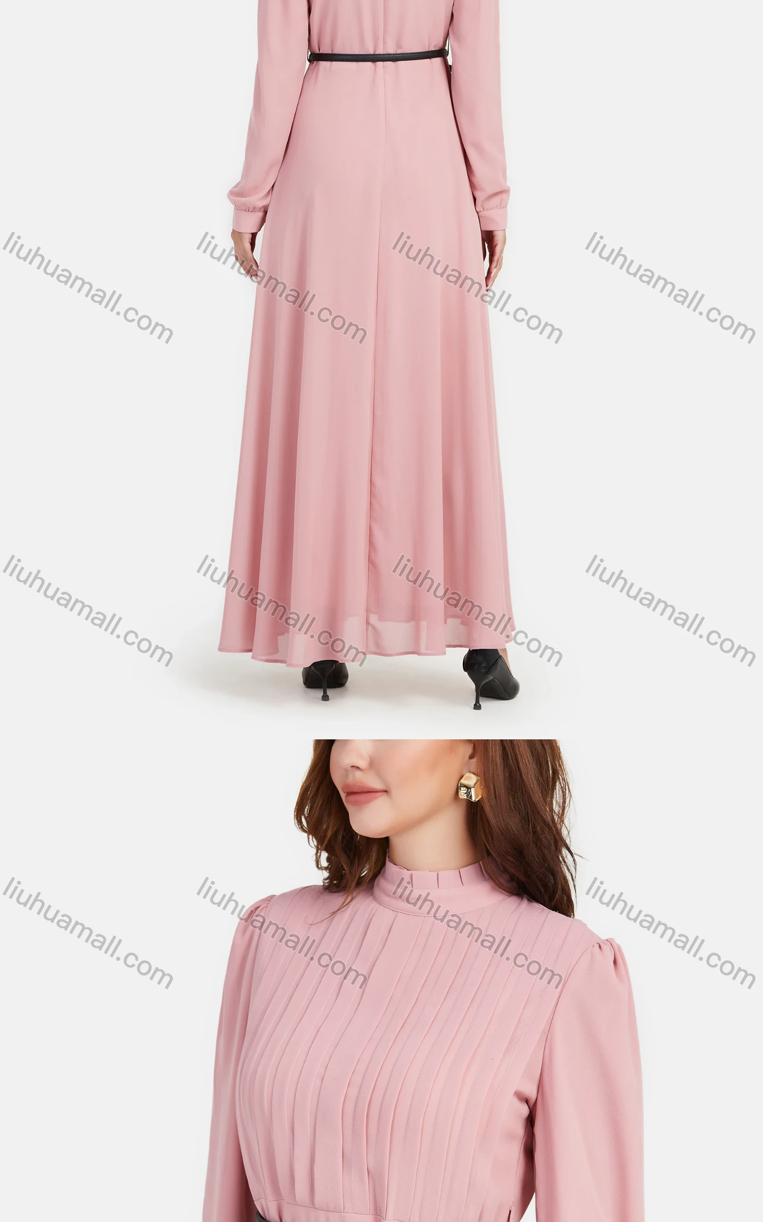 Wholesale Women's Chiffon Plain Mock Neck Long Sleeve Ruched Maxi Dress With Belt - Liuhuamall