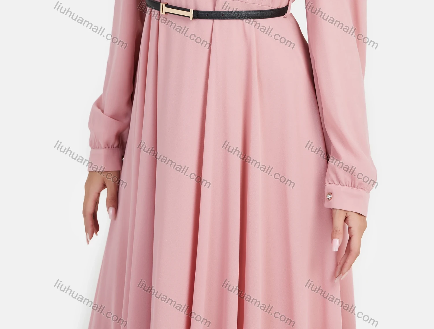 Wholesale Women's Chiffon Plain Mock Neck Long Sleeve Ruched Maxi Dress With Belt - Liuhuamall