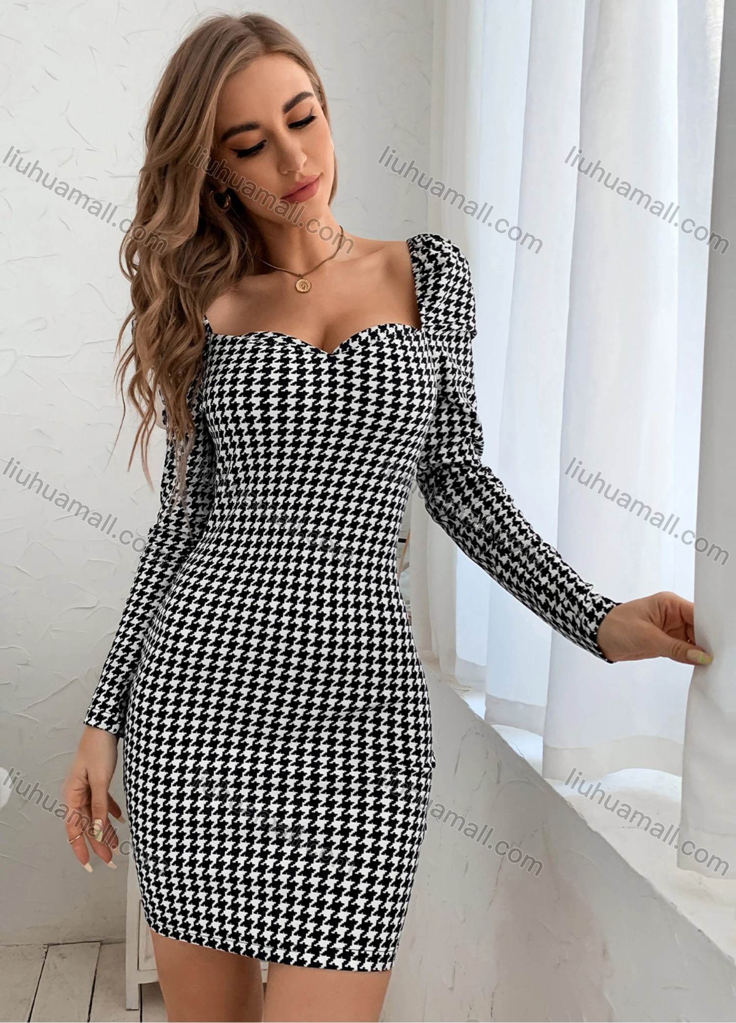 Wholesale Women's Sexy Puff Sleeve Sweetheart Collar Allover Houndstooth Print Bodycon Mini Dress X2427G# - Liuhuamall