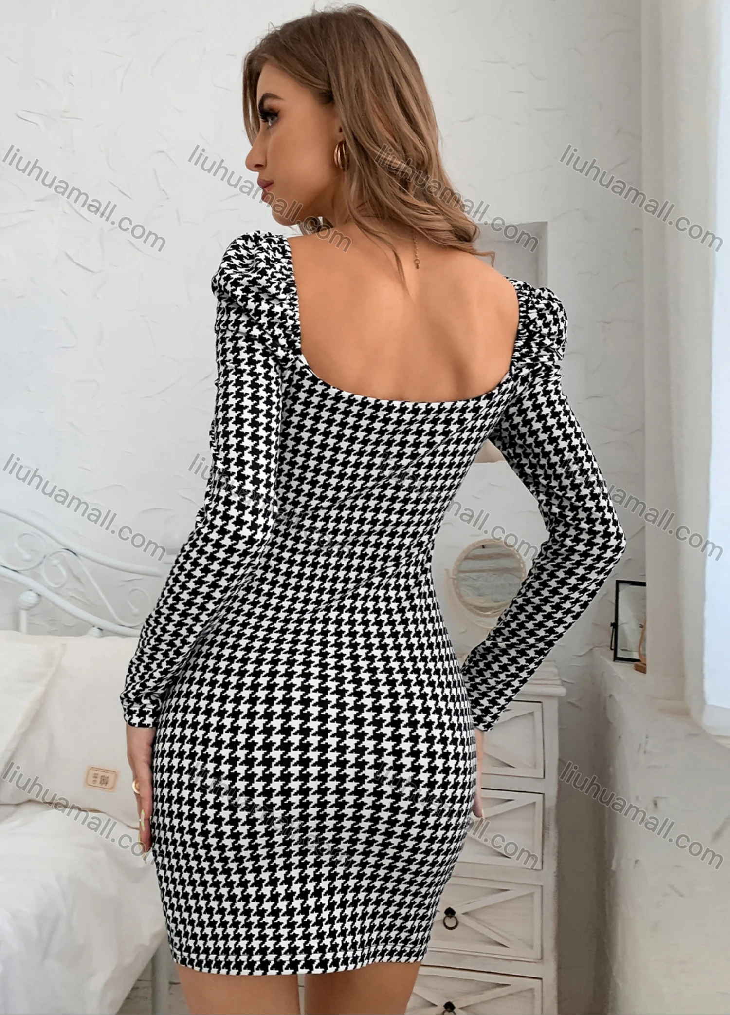 Wholesale Women's Sexy Puff Sleeve Sweetheart Collar Allover Houndstooth Print Bodycon Mini Dress X2427G# - Liuhuamall