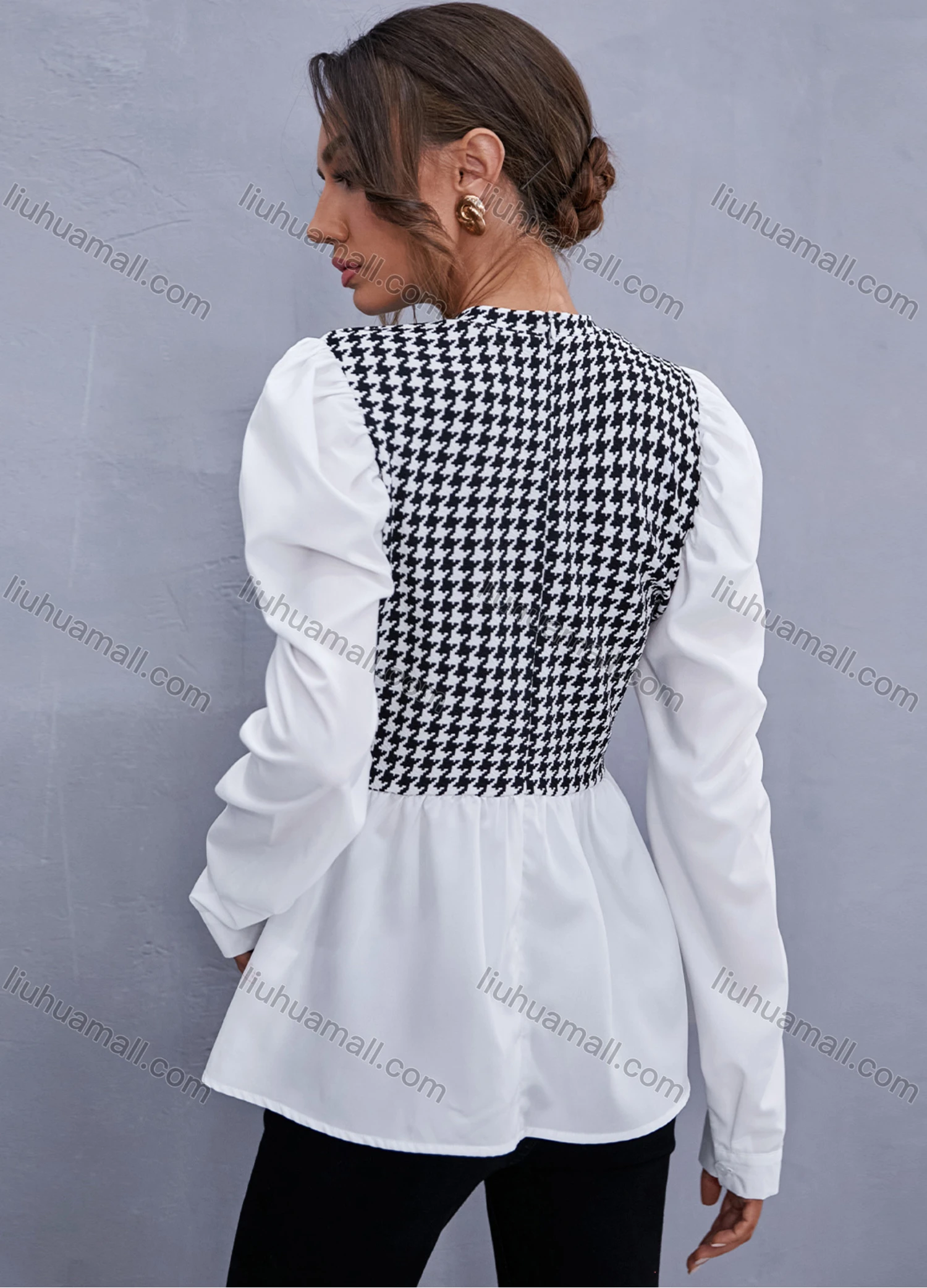 Wholesale Women's Fashion Puff Sleeve Mock Neck Houndstooth Print Splicing Blouse A21193W# - Liuhuamall