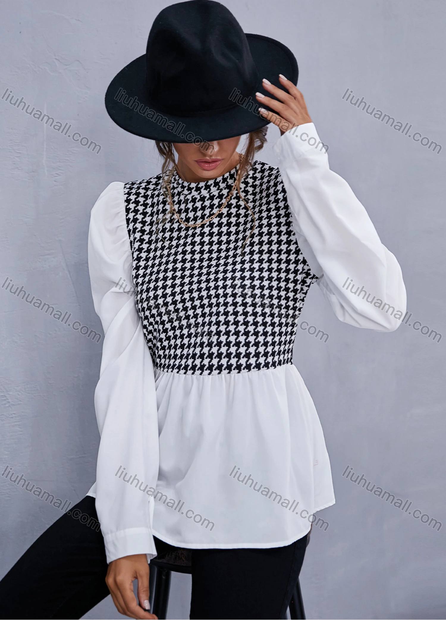 Wholesale Women's Fashion Puff Sleeve Mock Neck Houndstooth Print Splicing Blouse A21193W# - Liuhuamall