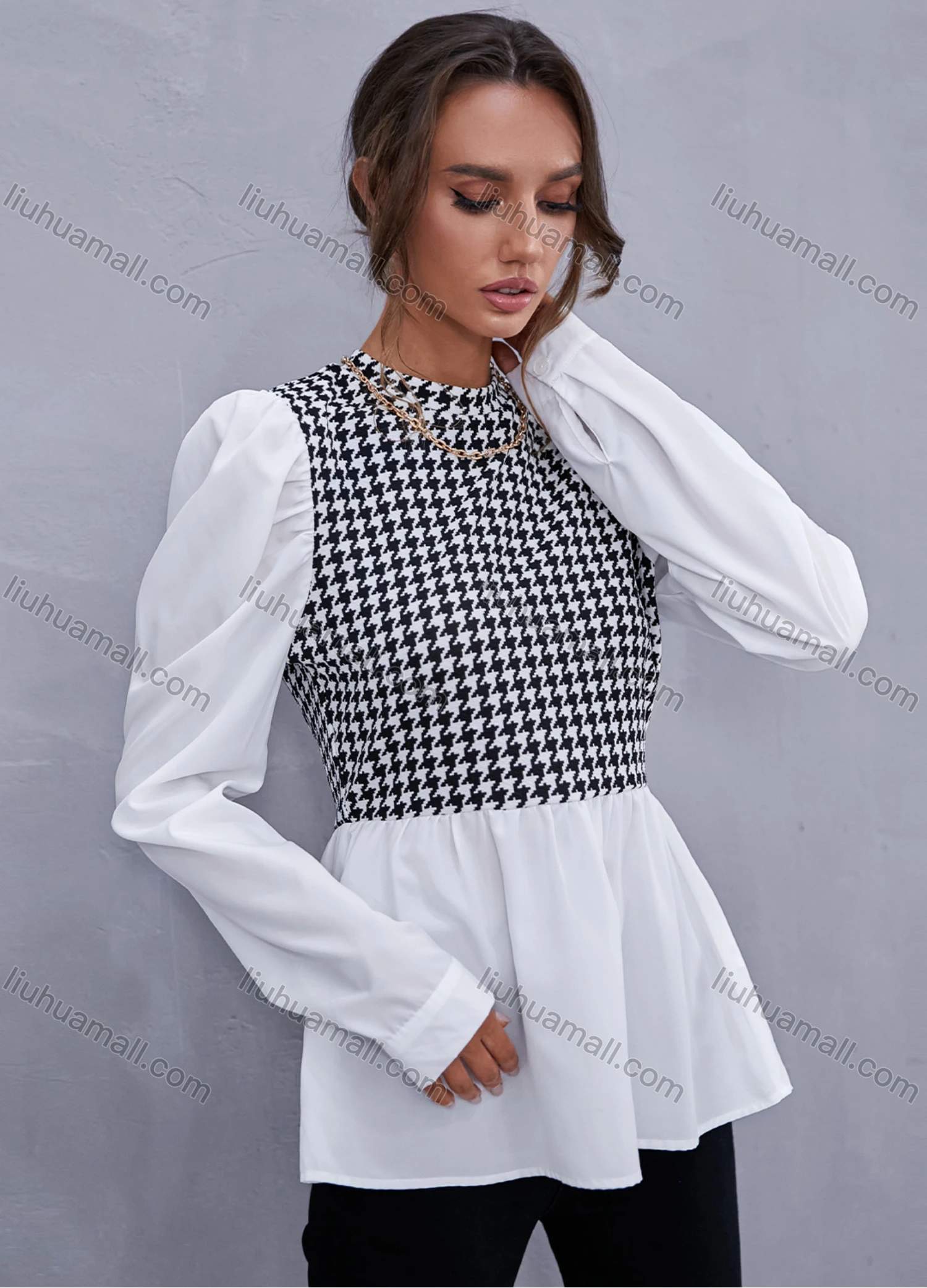 Wholesale Women's Fashion Puff Sleeve Mock Neck Houndstooth Print Splicing Blouse A21193W# - Liuhuamall