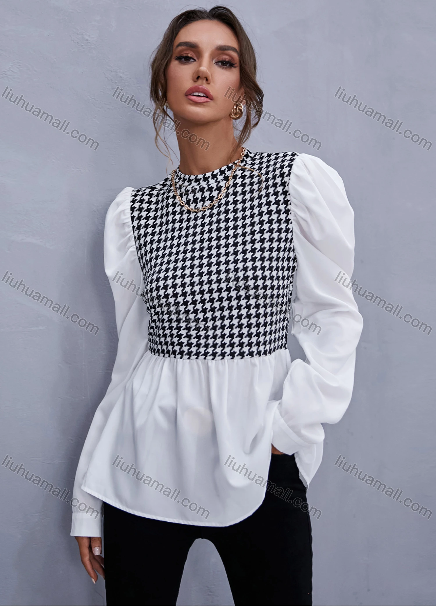 Wholesale Women's Fashion Puff Sleeve Mock Neck Houndstooth Print Splicing Blouse A21193W# - Liuhuamall