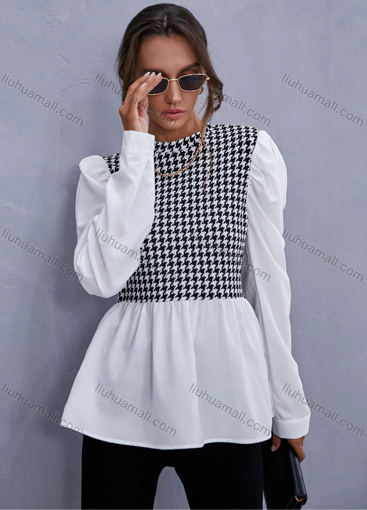 Wholesale Women's Fashion Puff Sleeve Mock Neck Houndstooth Print Splicing Blouse A21193W# - Liuhuamall