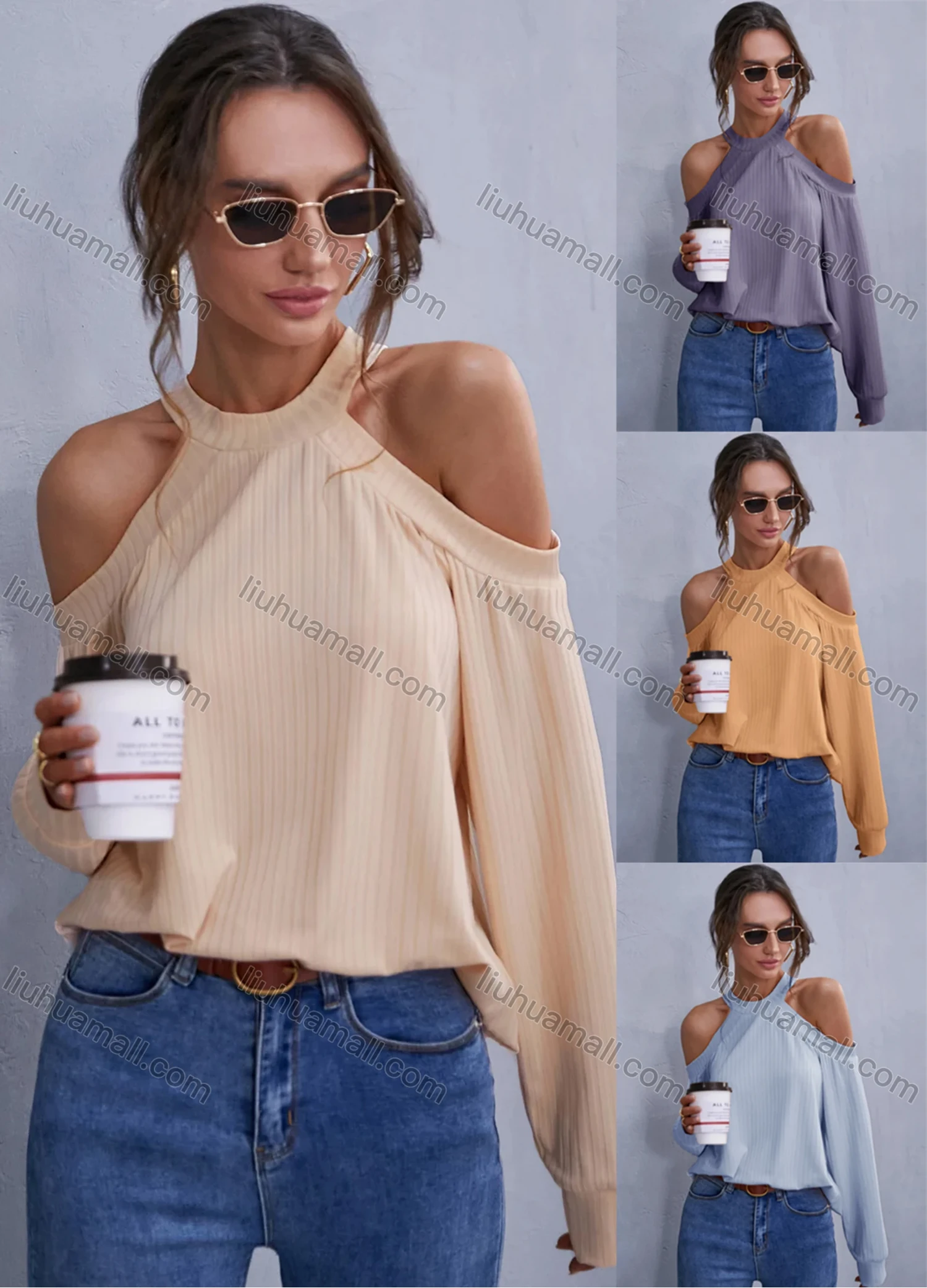 Wholesale Women's Long Sleeve Halter Cold Shoulder Plain Casual Blouse A21168G# - Liuhuamall