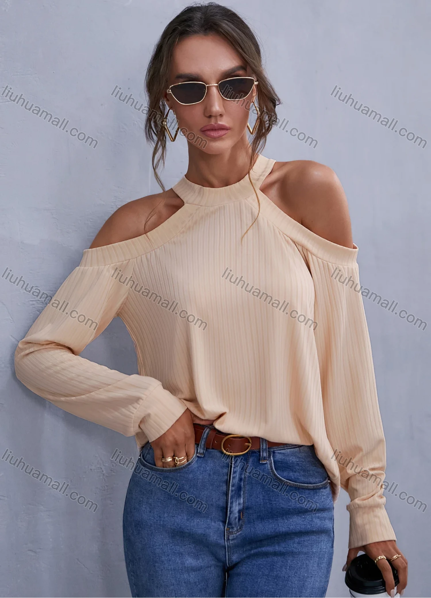 Wholesale Women's Long Sleeve Halter Cold Shoulder Plain Casual Blouse A21168G# - Liuhuamall