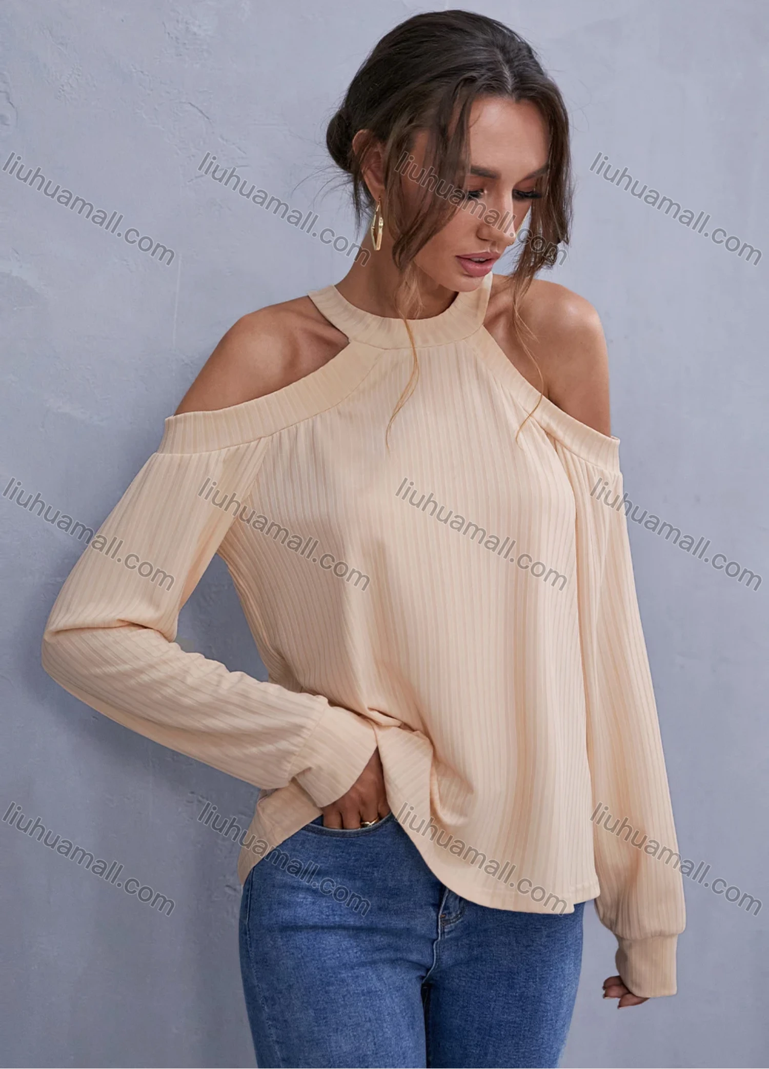 Wholesale Women's Long Sleeve Halter Cold Shoulder Plain Casual Blouse A21168G# - Liuhuamall