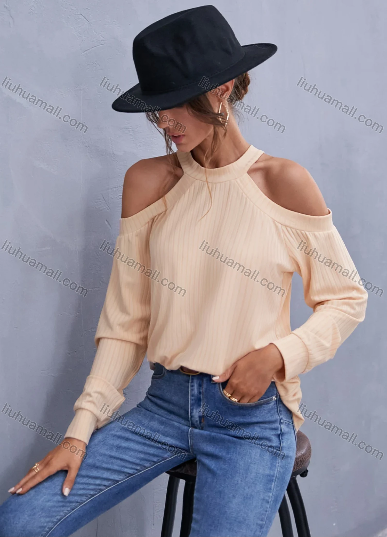 Wholesale Women's Long Sleeve Halter Cold Shoulder Plain Casual Blouse A21168G# - Liuhuamall