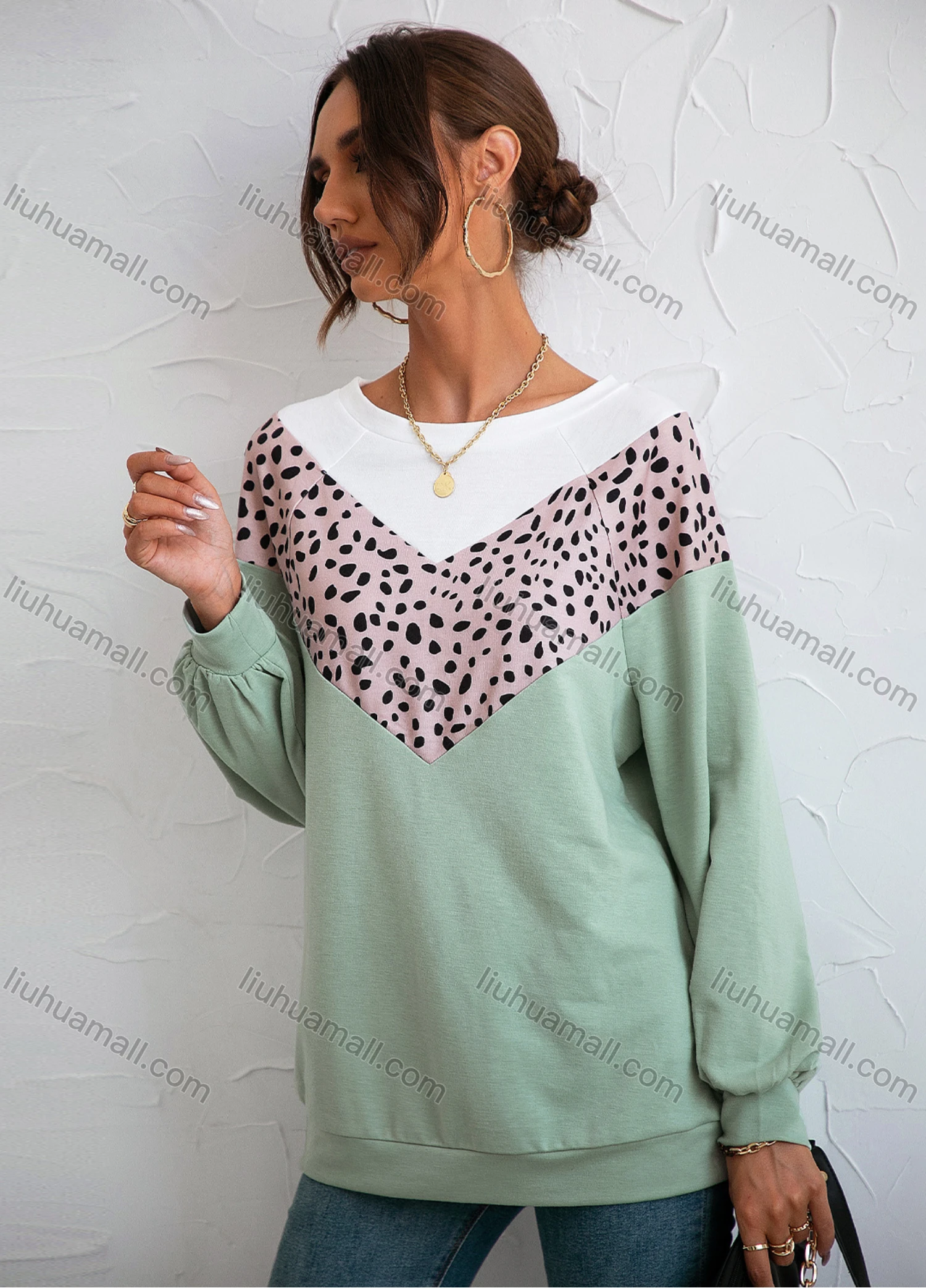 Wholesale Women's Round Neck Long Sleeve Colorblock Leopard Splicing Casual Pullover Sweatshirt X2452G# - Liuhuamall