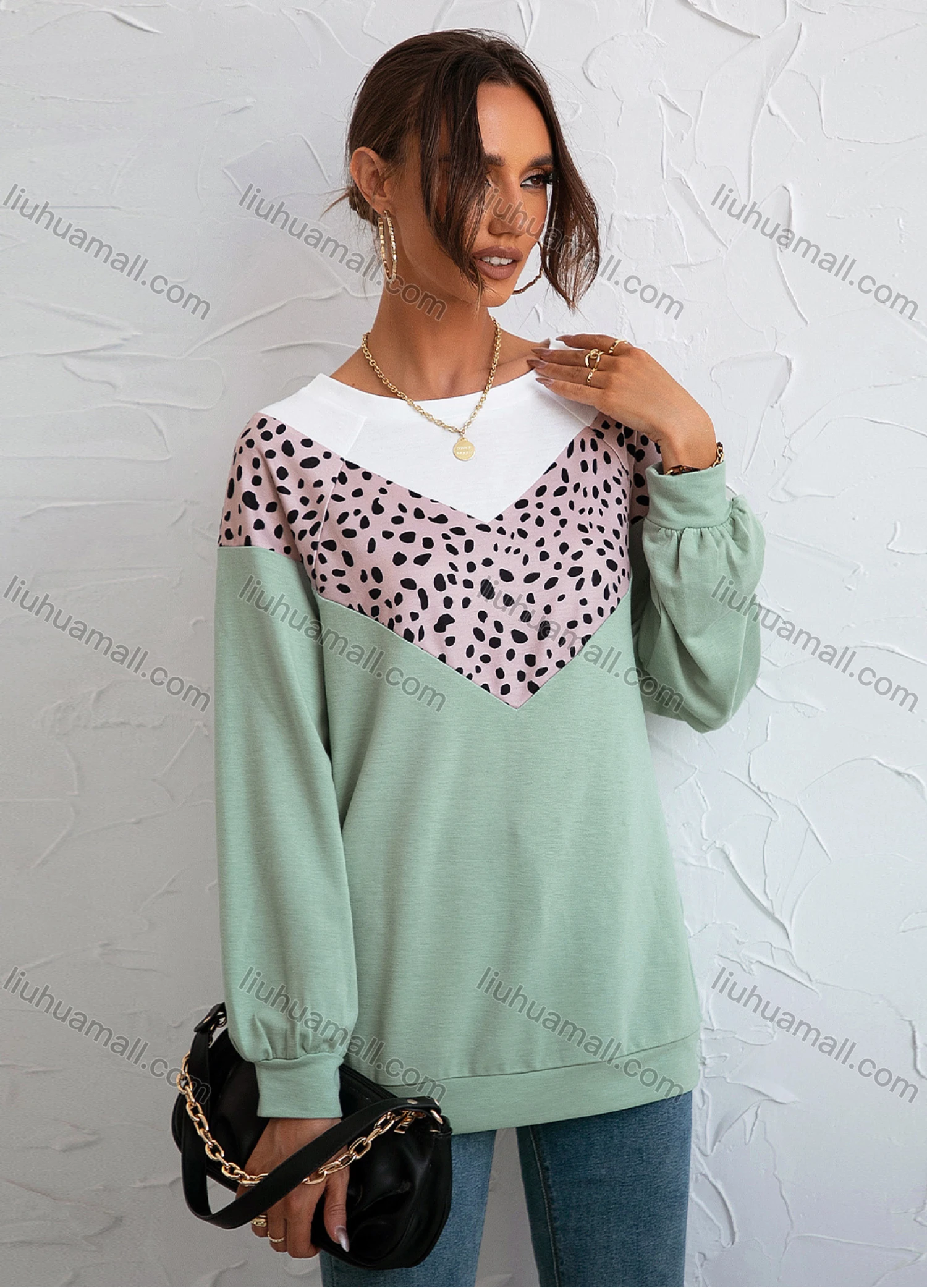 Wholesale Women's Round Neck Long Sleeve Colorblock Leopard Splicing Casual Pullover Sweatshirt X2452G# - Liuhuamall