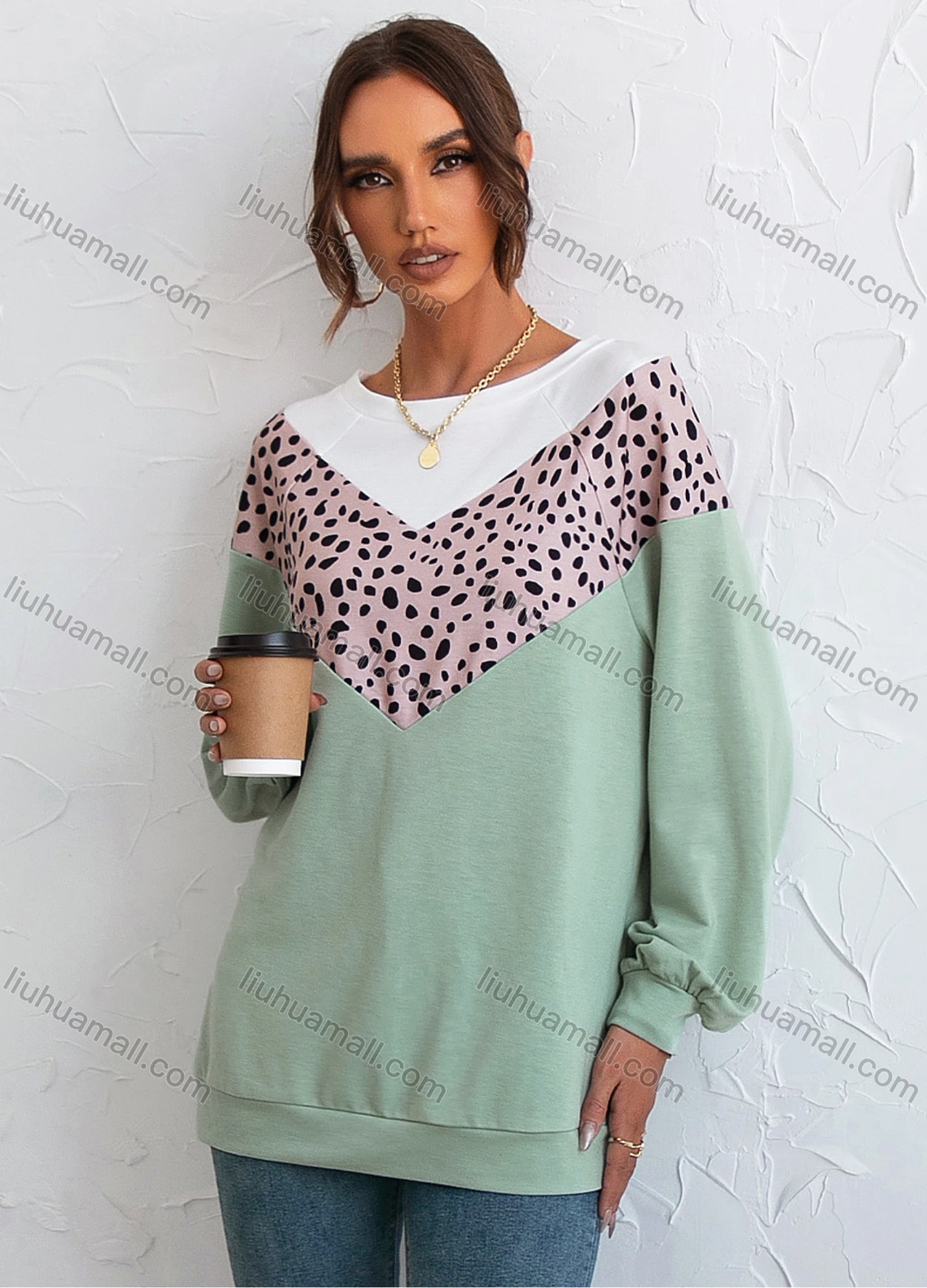 Wholesale Women's Round Neck Long Sleeve Colorblock Leopard Splicing Casual Pullover Sweatshirt X2452G# - Liuhuamall