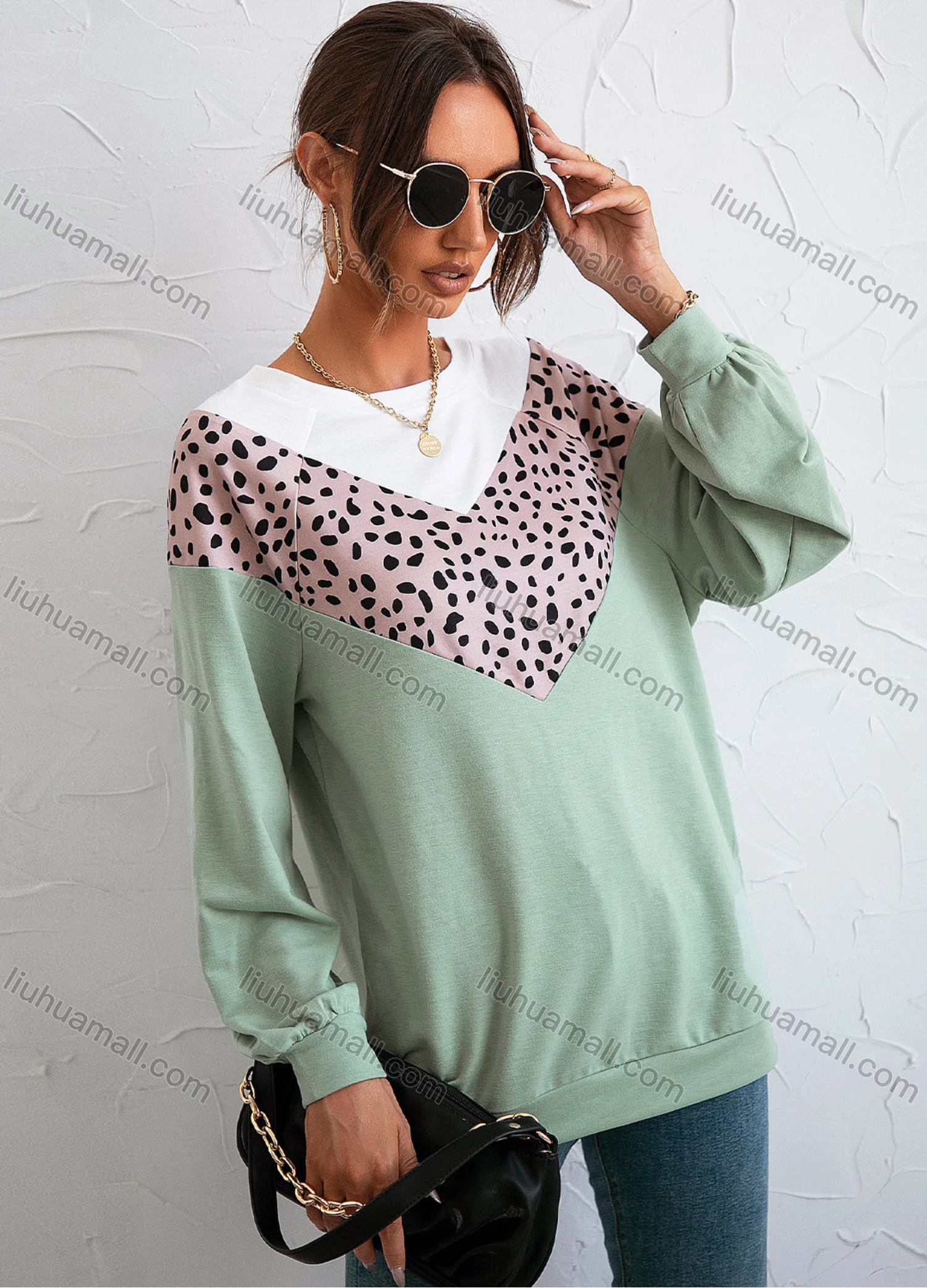 Wholesale Women's Round Neck Long Sleeve Colorblock Leopard Splicing Casual Pullover Sweatshirt X2452G# - Liuhuamall