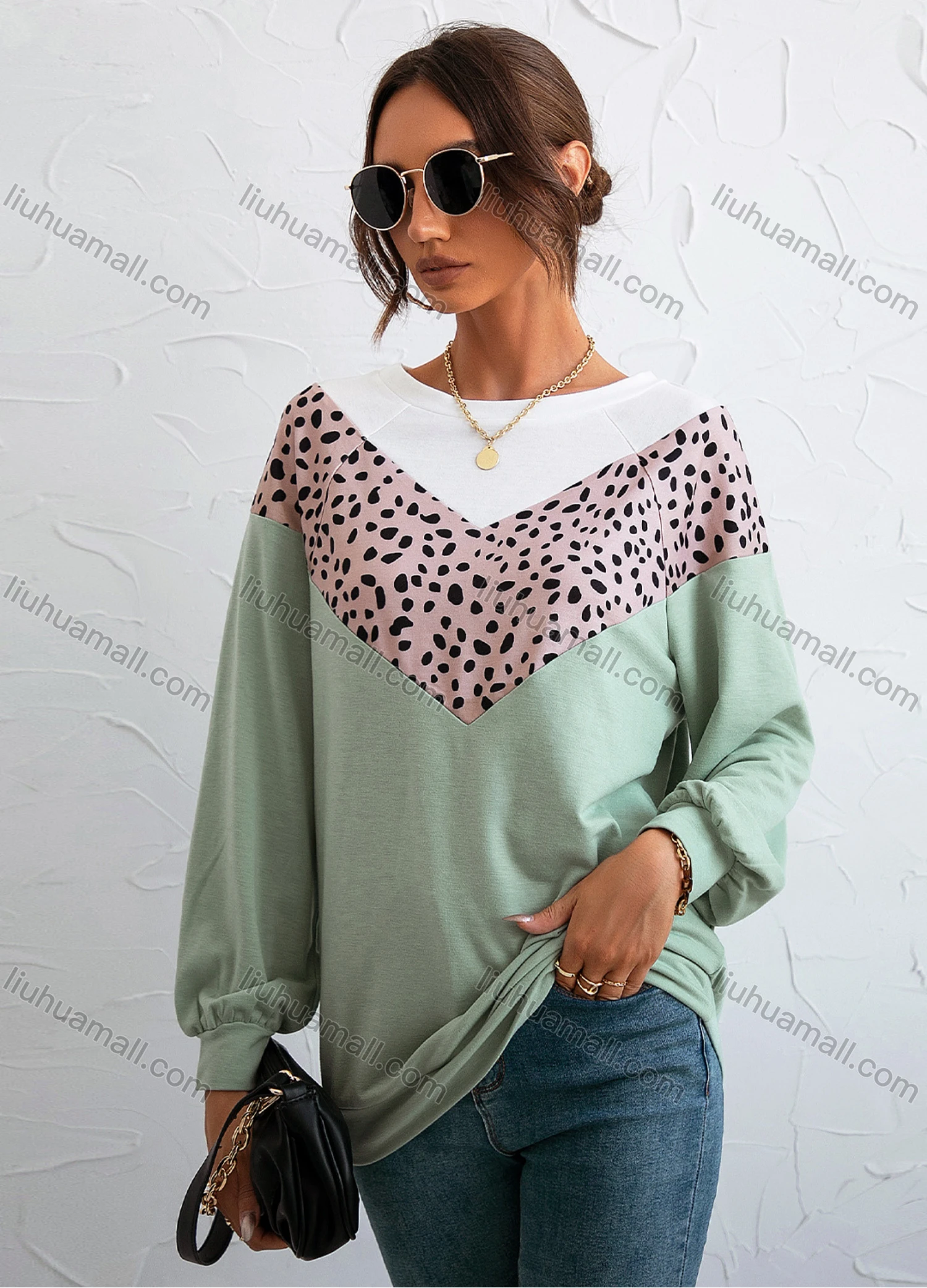 Wholesale Women's Round Neck Long Sleeve Colorblock Leopard Splicing Casual Pullover Sweatshirt X2452G# - Liuhuamall