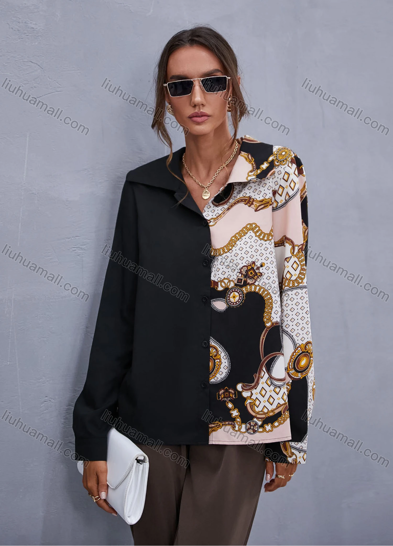 Wholesale Women's Fashion Lapel Long Sleeve Chain Print Splicing Casual Shirt X2487W# - Liuhuamall