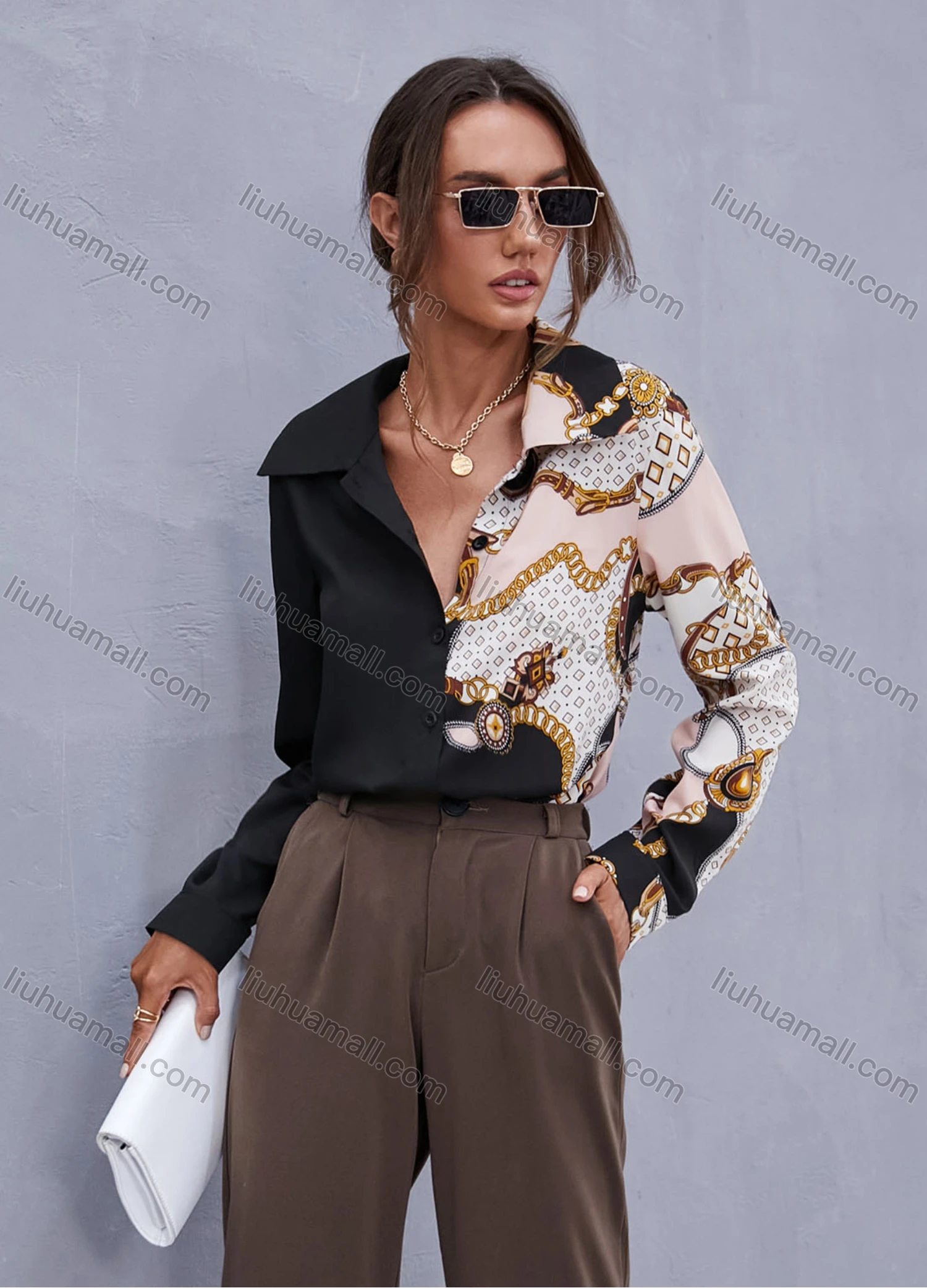 Wholesale Women's Fashion Lapel Long Sleeve Chain Print Splicing Casual Shirt X2487W# - Liuhuamall