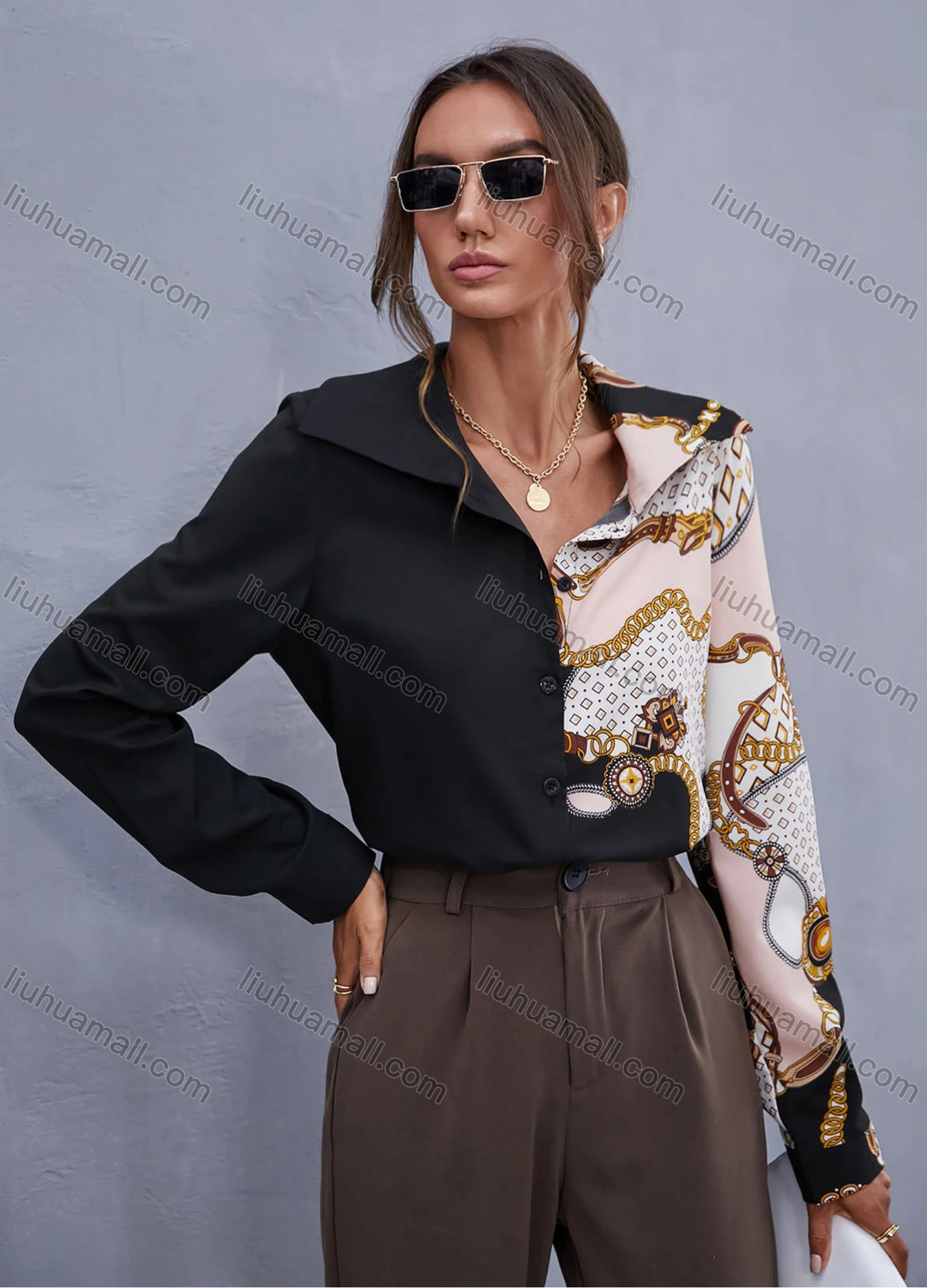 Wholesale Women's Fashion Lapel Long Sleeve Chain Print Splicing Casual Shirt X2487W# - Liuhuamall