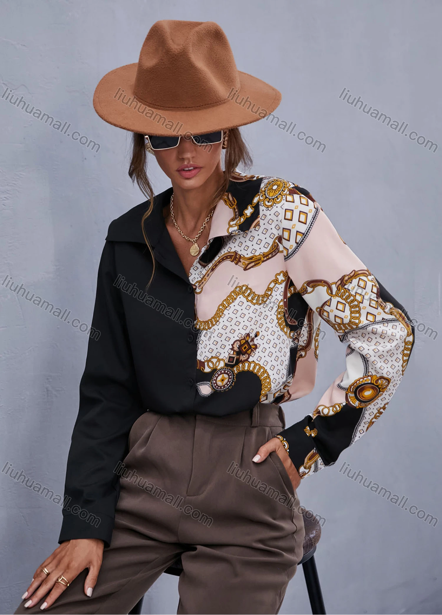 Wholesale Women's Fashion Lapel Long Sleeve Chain Print Splicing Casual Shirt X2487W# - Liuhuamall