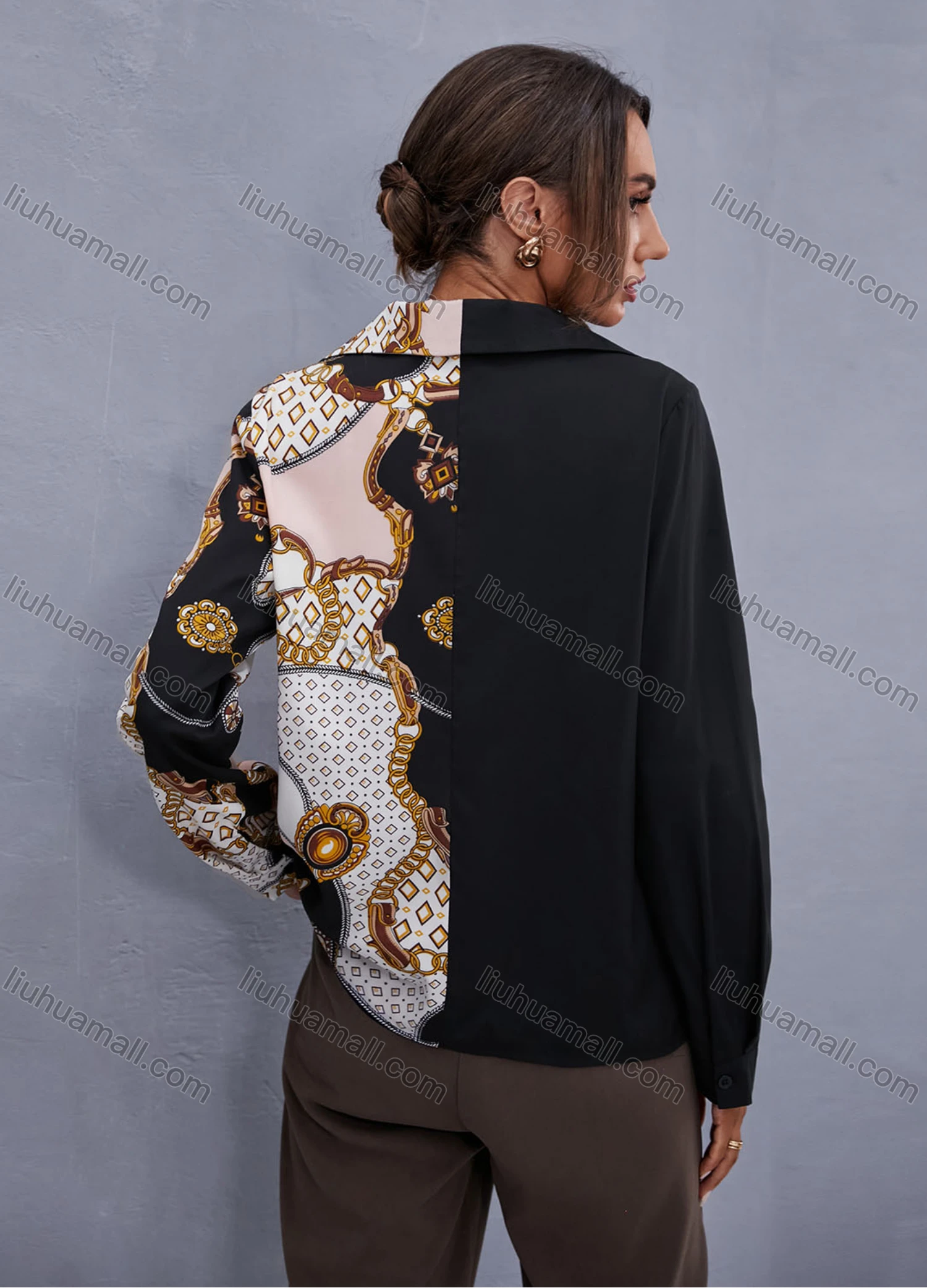 Wholesale Women's Fashion Lapel Long Sleeve Chain Print Splicing Casual Shirt X2487W# - Liuhuamall