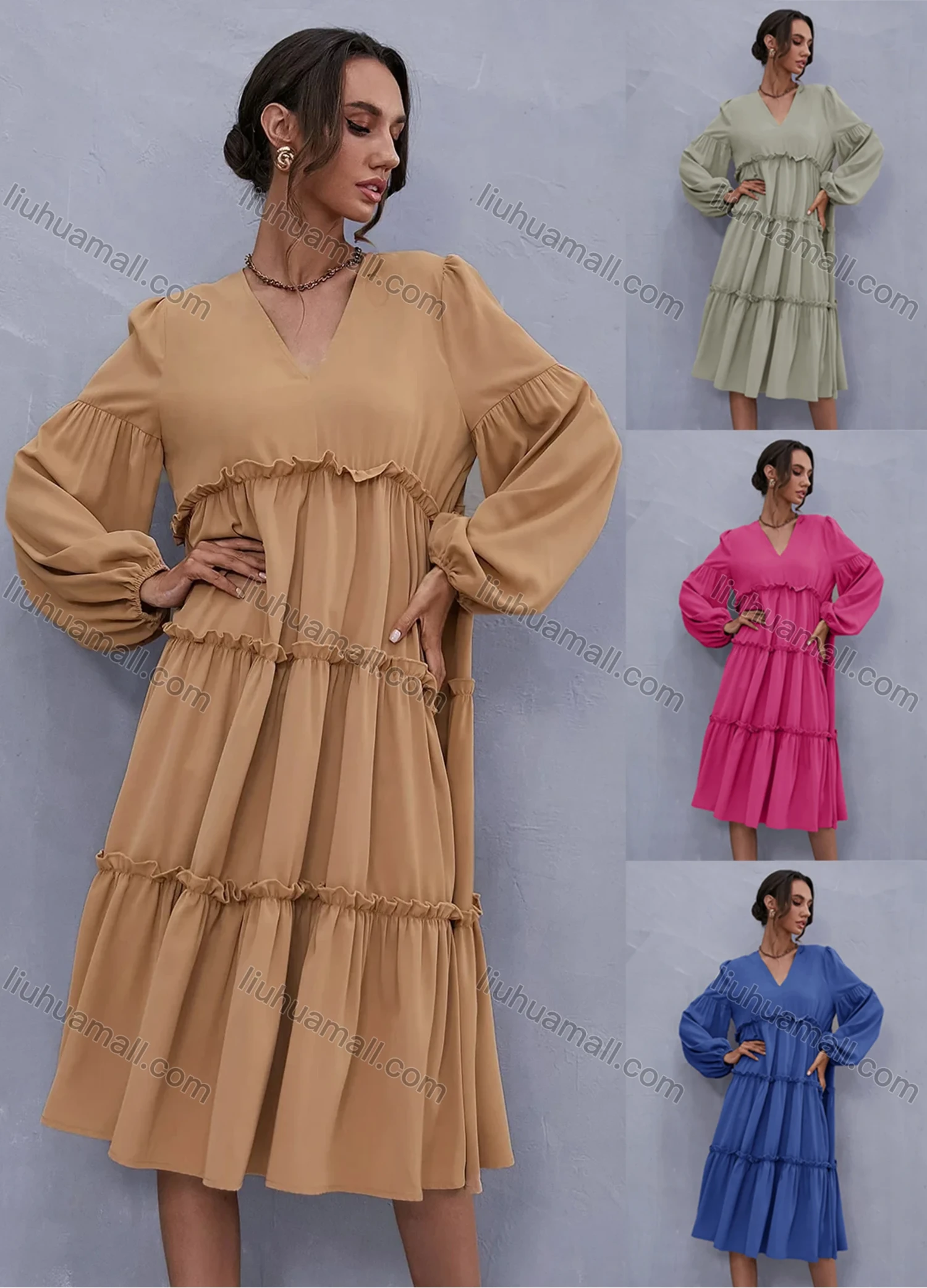 Wholesale Women's V Neck Lantern Sleeve Layered Ruffle Trim Plain Casual Midi Dress X2492G# - Liuhuamall
