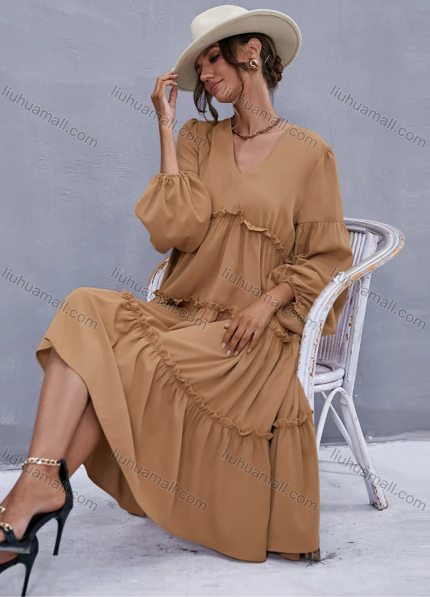 Wholesale Women's V Neck Lantern Sleeve Layered Ruffle Trim Plain Casual Midi Dress X2492G# - Liuhuamall