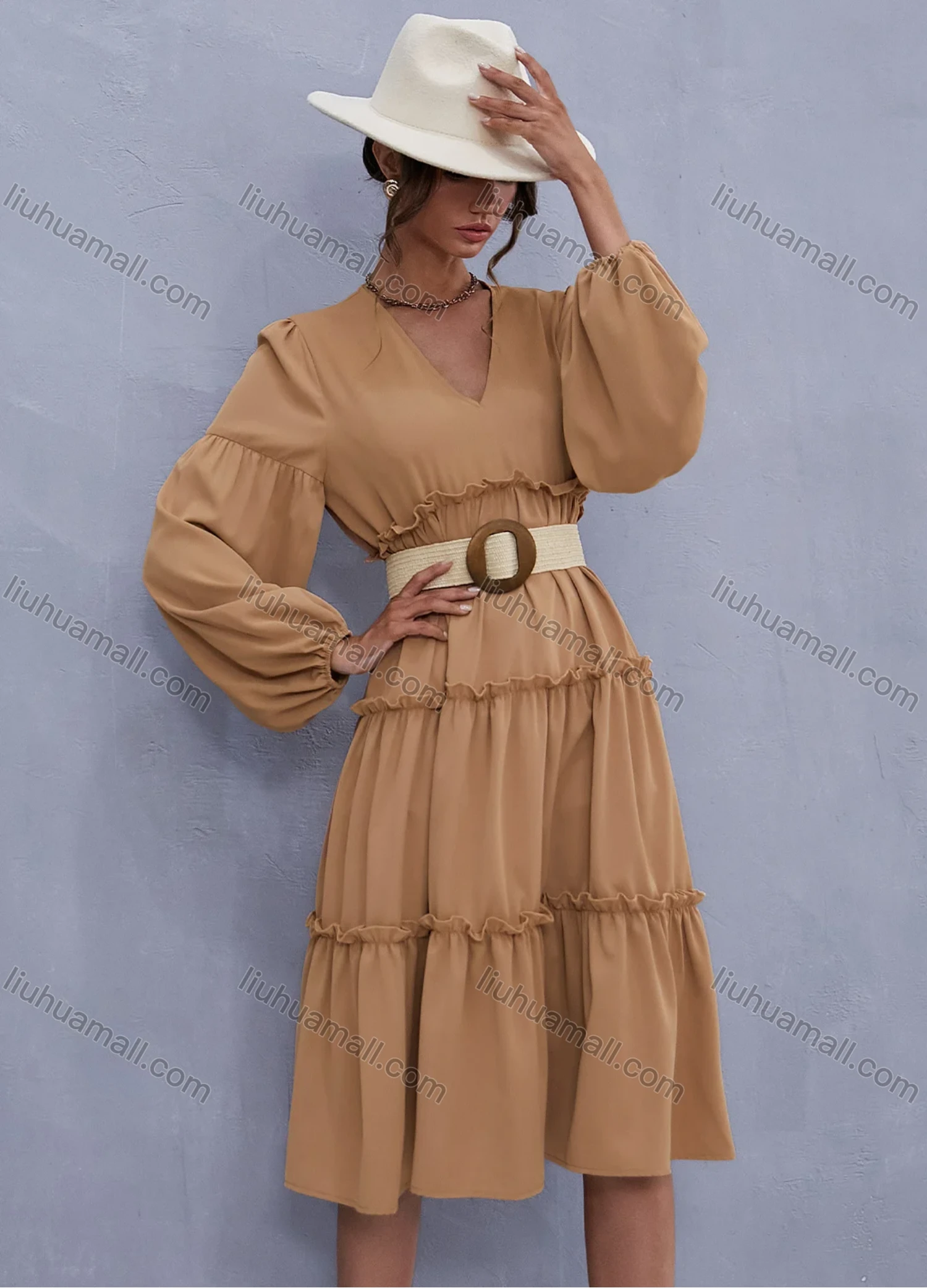 Wholesale Women's V Neck Lantern Sleeve Layered Ruffle Trim Plain Casual Midi Dress X2492G# - Liuhuamall