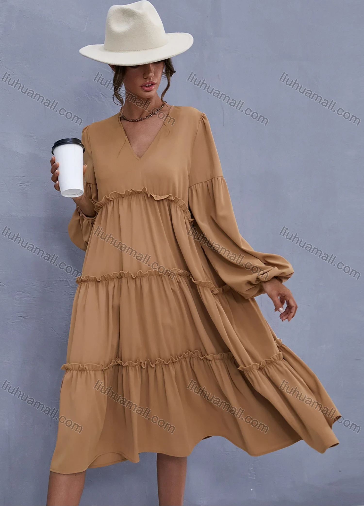 Wholesale Women's V Neck Lantern Sleeve Layered Ruffle Trim Plain Casual Midi Dress X2492G# - Liuhuamall