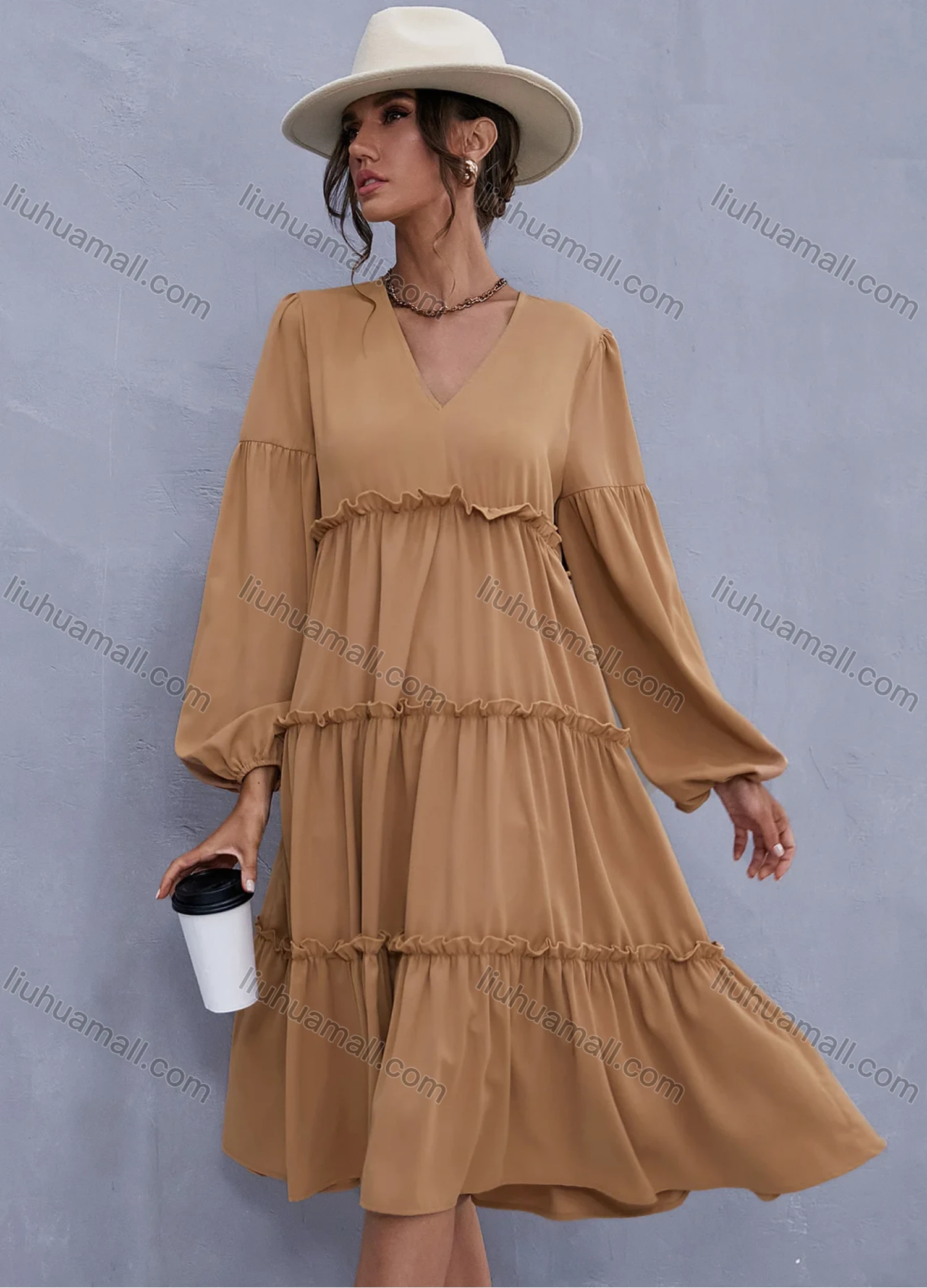 Wholesale Women's V Neck Lantern Sleeve Layered Ruffle Trim Plain Casual Midi Dress X2492G# - Liuhuamall