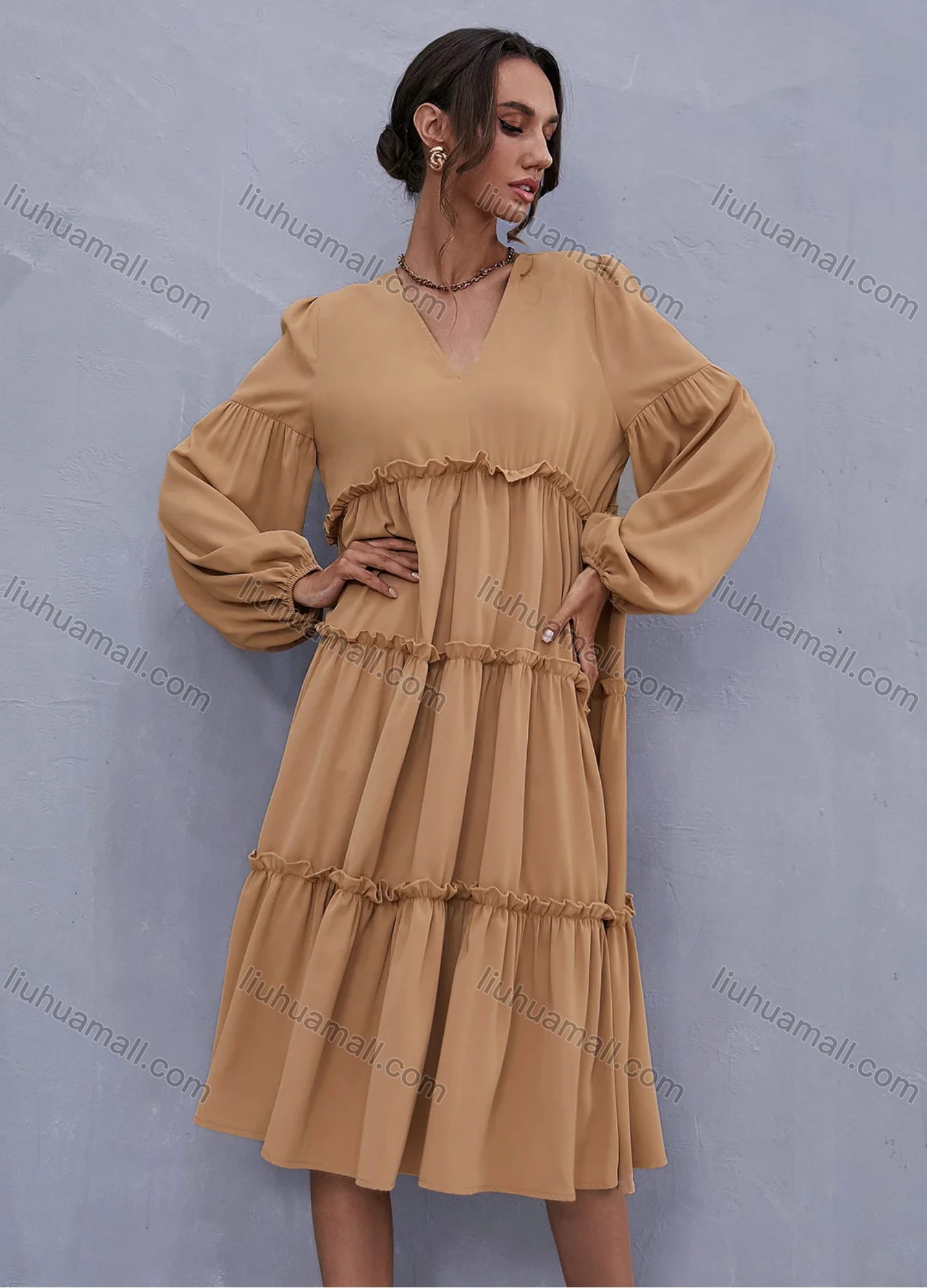 Wholesale Women's V Neck Lantern Sleeve Layered Ruffle Trim Plain Casual Midi Dress X2492G# - Liuhuamall
