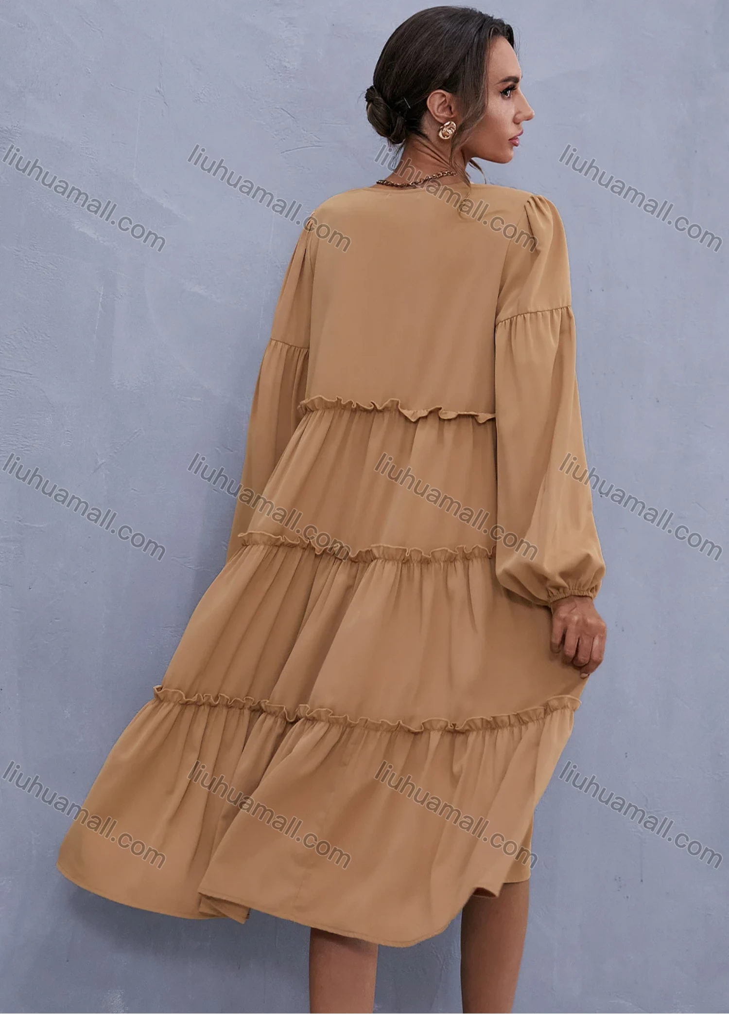 Wholesale Women's V Neck Lantern Sleeve Layered Ruffle Trim Plain Casual Midi Dress X2492G# - Liuhuamall