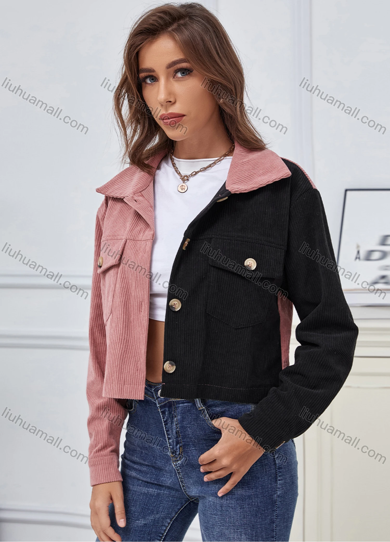 Wholesale Women's Casual Button Front Coloblock Crop Corduroy Jacket With Flap Pocket A21221X# - Liuhuamall