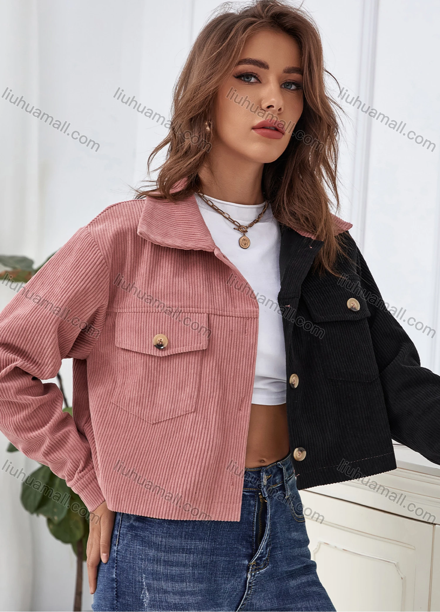 Wholesale Women's Casual Button Front Coloblock Crop Corduroy Jacket With Flap Pocket A21221X# - Liuhuamall