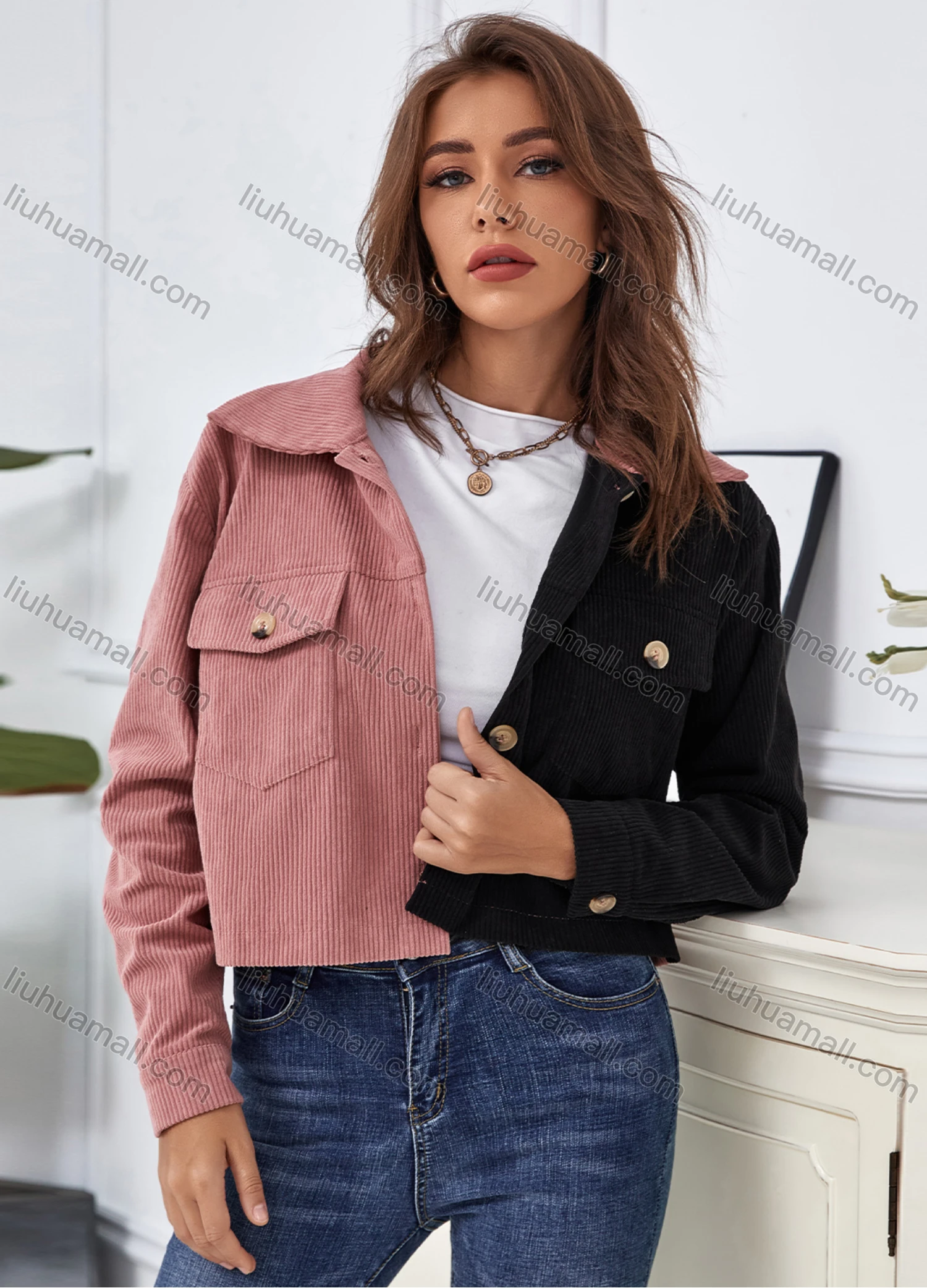 Wholesale Women's Casual Button Front Coloblock Crop Corduroy Jacket With Flap Pocket A21221X# - Liuhuamall