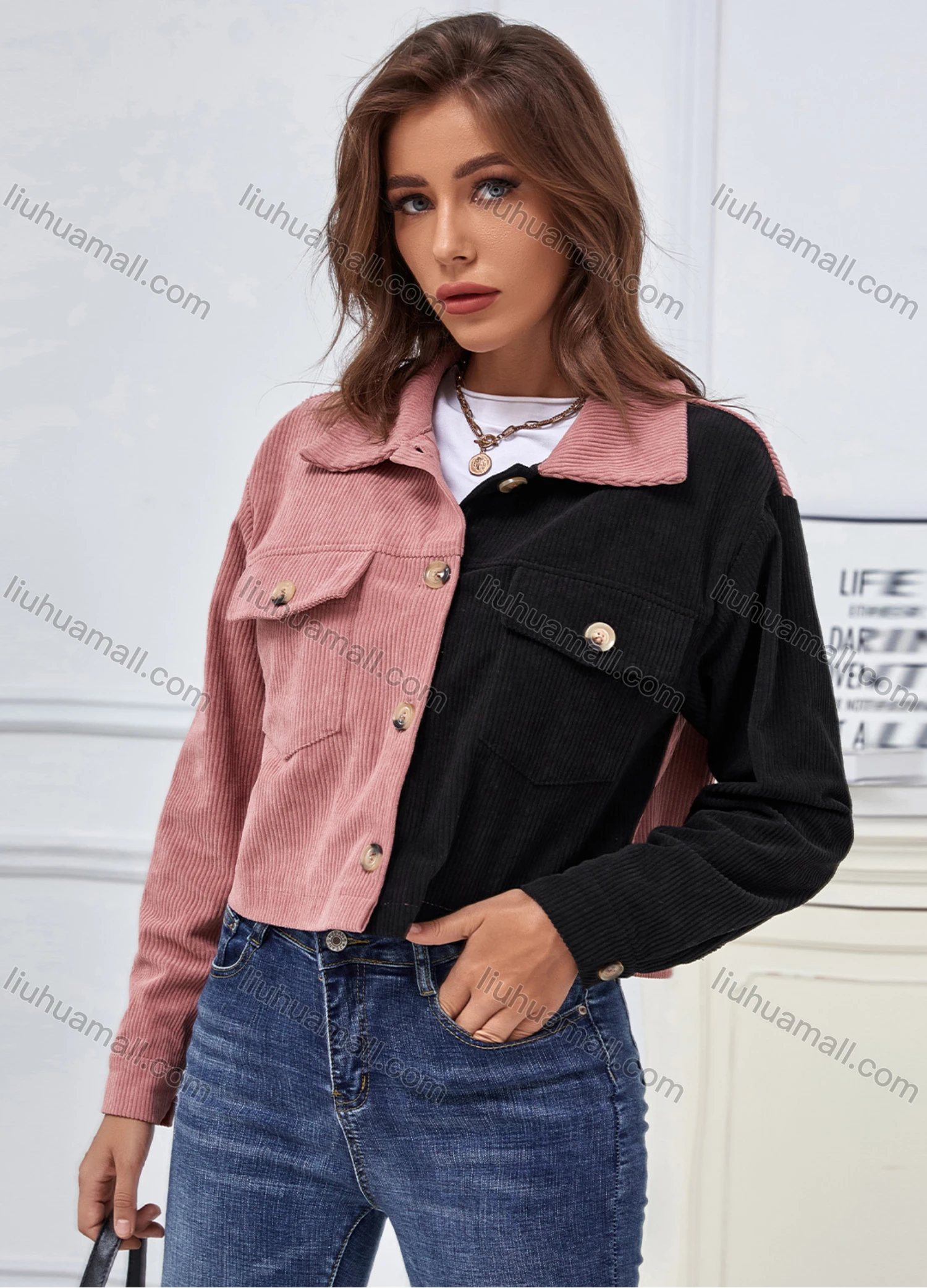 Wholesale Women's Casual Button Front Coloblock Crop Corduroy Jacket With Flap Pocket A21221X# - Liuhuamall