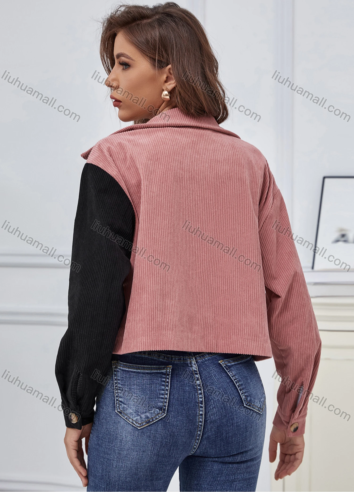 Wholesale Women's Casual Button Front Coloblock Crop Corduroy Jacket With Flap Pocket A21221X# - Liuhuamall