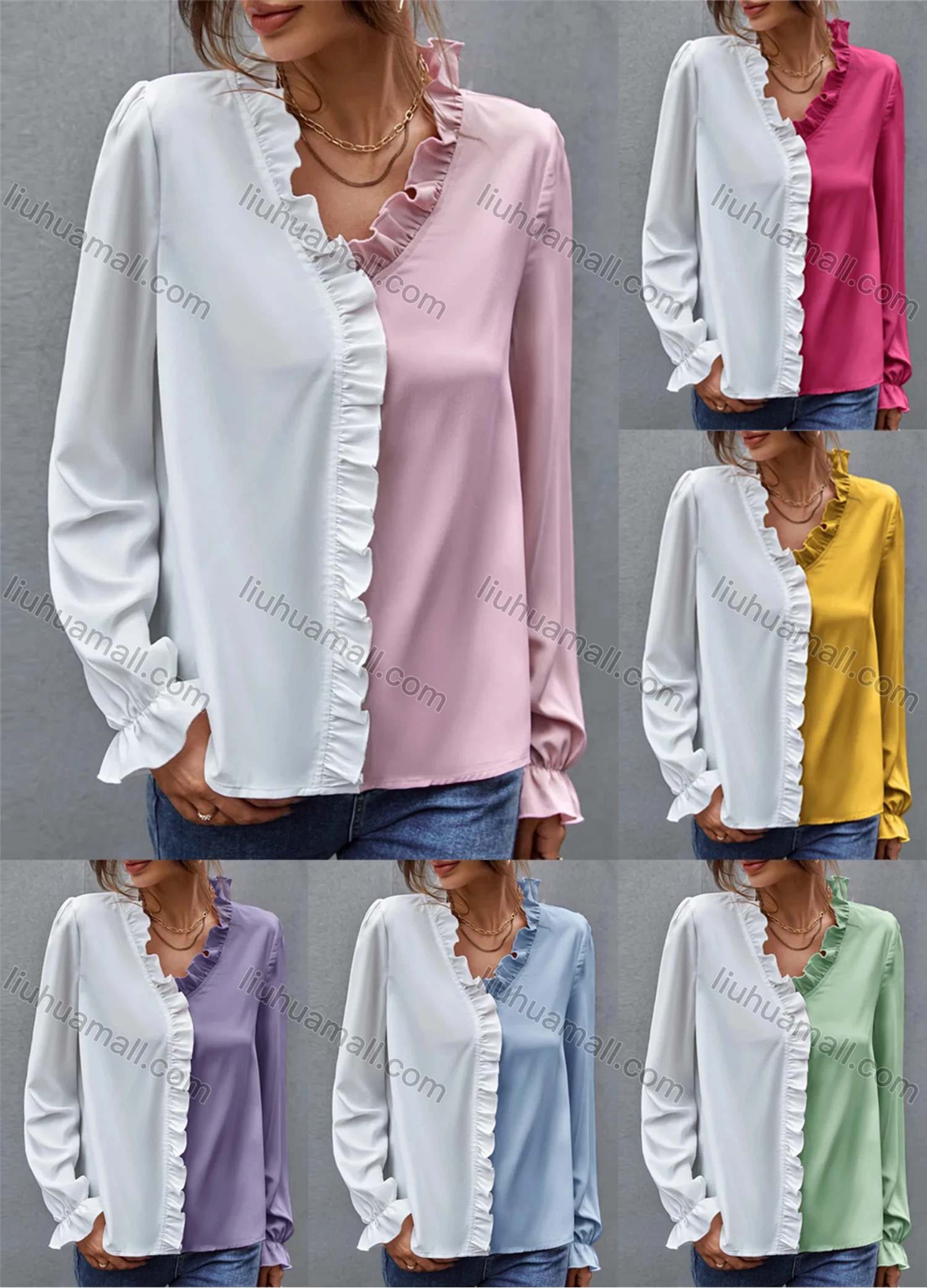 Wholesale Women's Fashion Colorblock Long Sleeve Ruffle Trim Blouse A2147X# - Liuhuamall