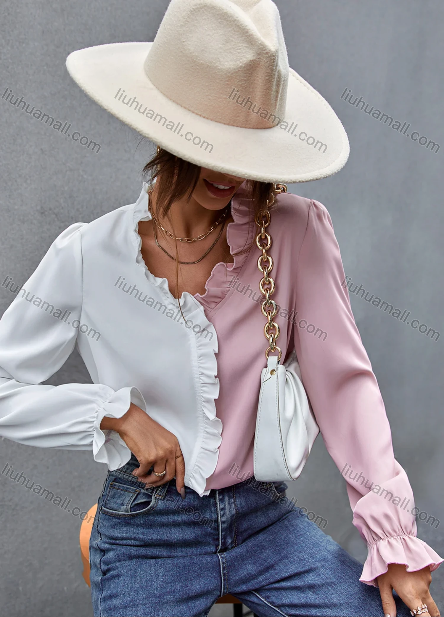 Wholesale Women's Fashion Colorblock Long Sleeve Ruffle Trim Blouse A2147X# - Liuhuamall