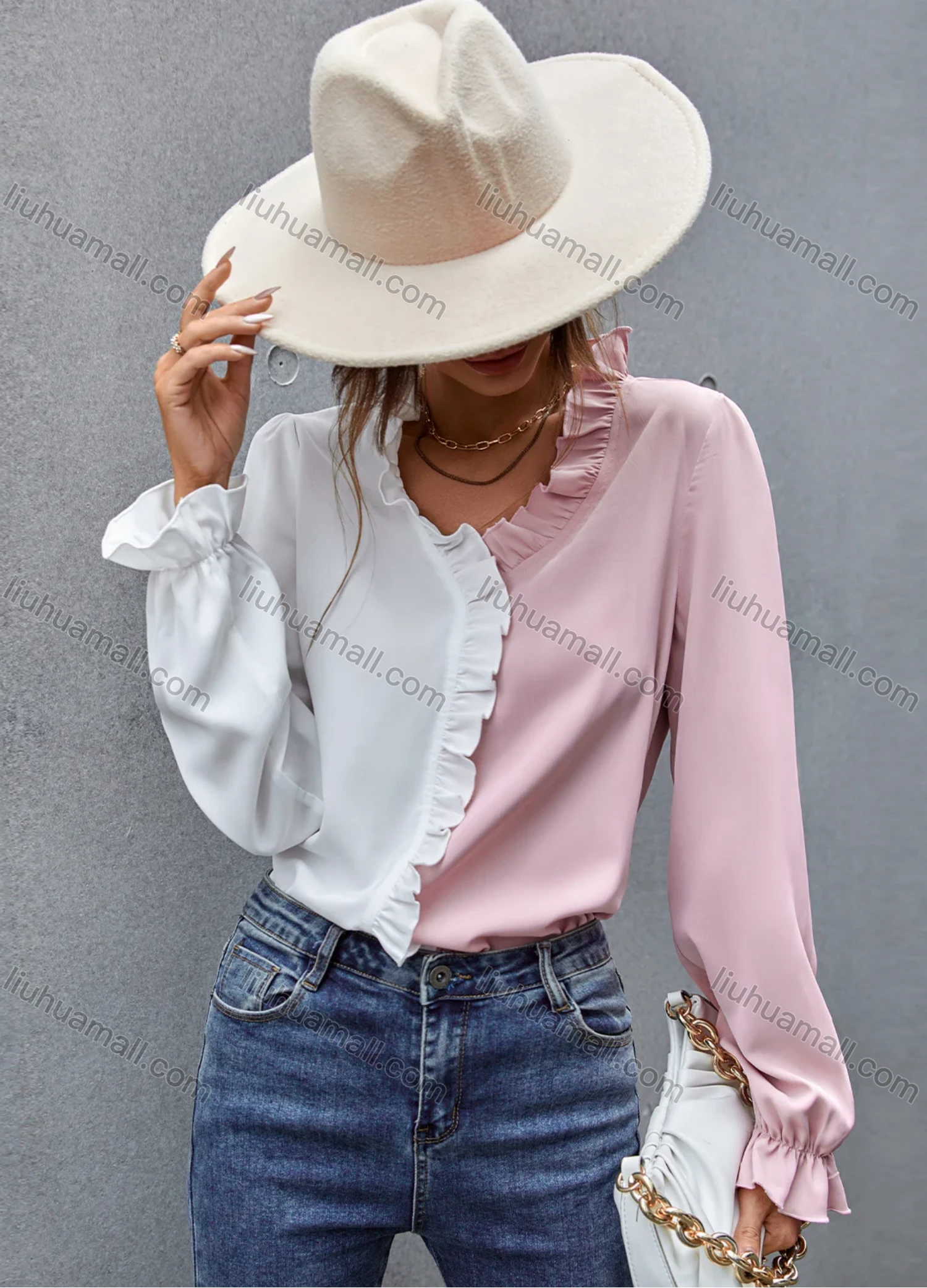 Wholesale Women's Fashion Colorblock Long Sleeve Ruffle Trim Blouse A2147X# - Liuhuamall