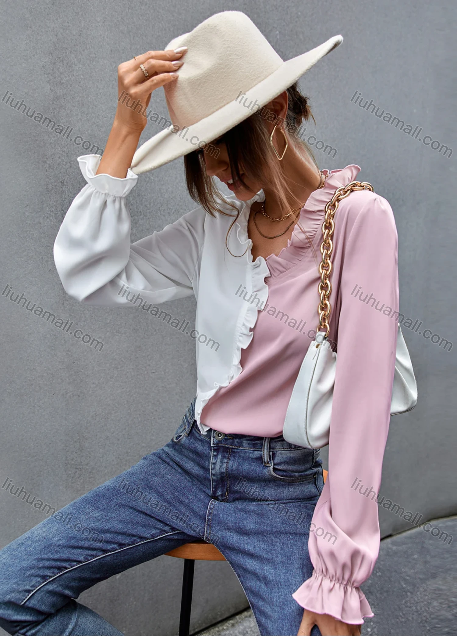 Wholesale Women's Fashion Colorblock Long Sleeve Ruffle Trim Blouse A2147X# - Liuhuamall