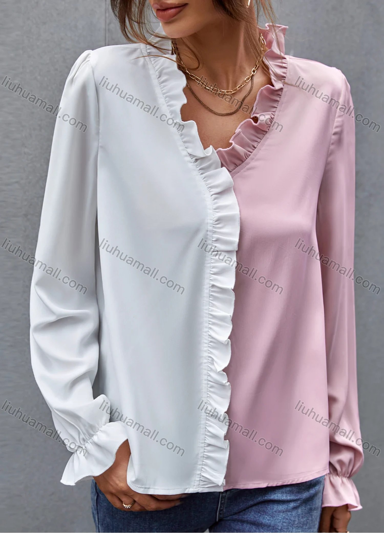 Wholesale Women's Fashion Colorblock Long Sleeve Ruffle Trim Blouse A2147X# - Liuhuamall