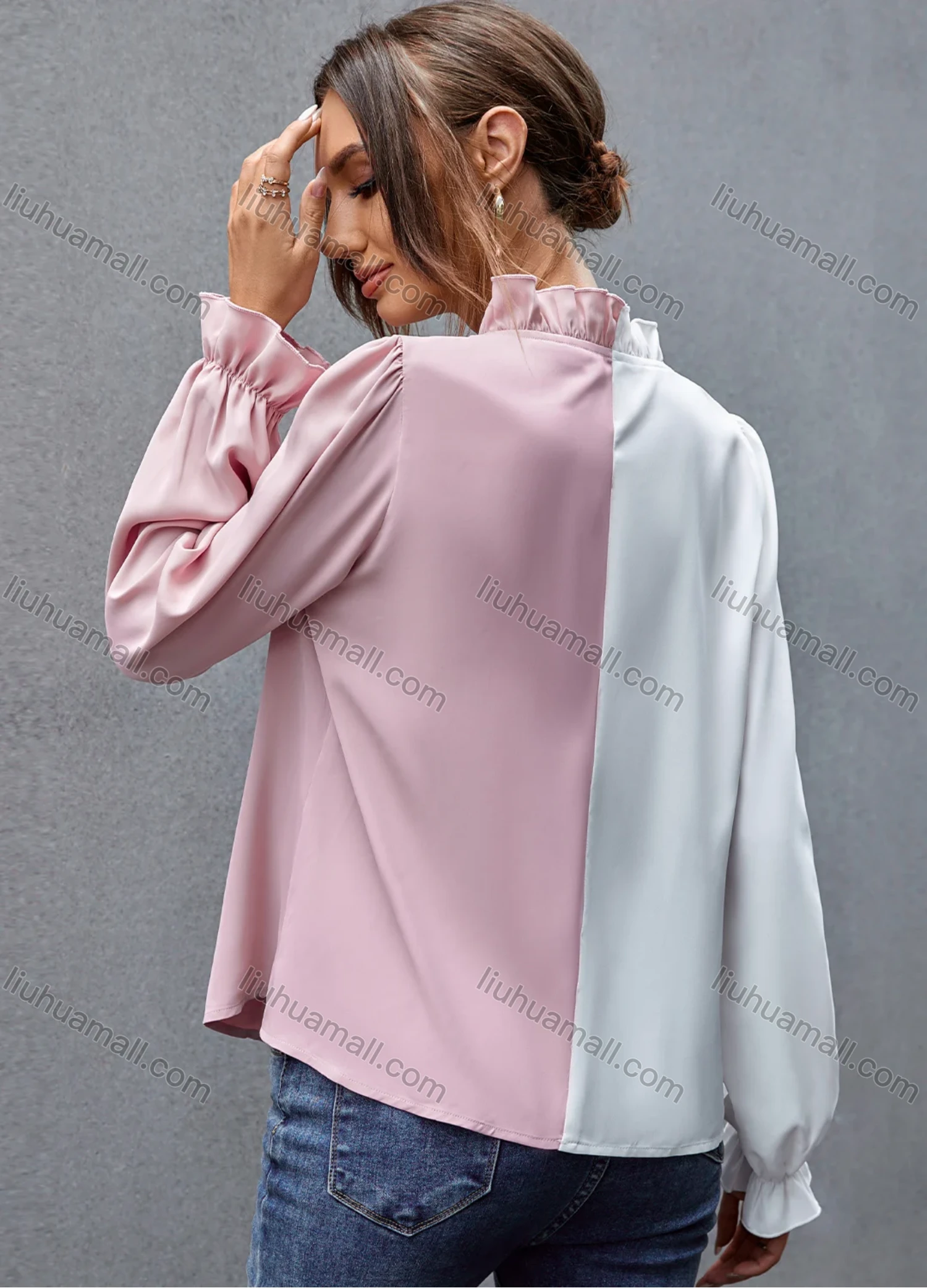 Wholesale Women's Fashion Colorblock Long Sleeve Ruffle Trim Blouse A2147X# - Liuhuamall