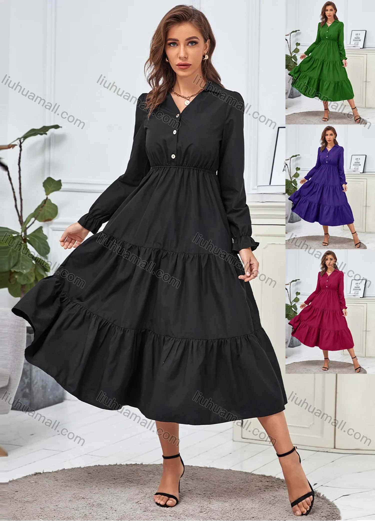 Wholesale Women's Turn-down Collar Long Sleeve Button Front Flared Hem Plain Casual Midi Shirt Dress 3278X# - Liuhuamall