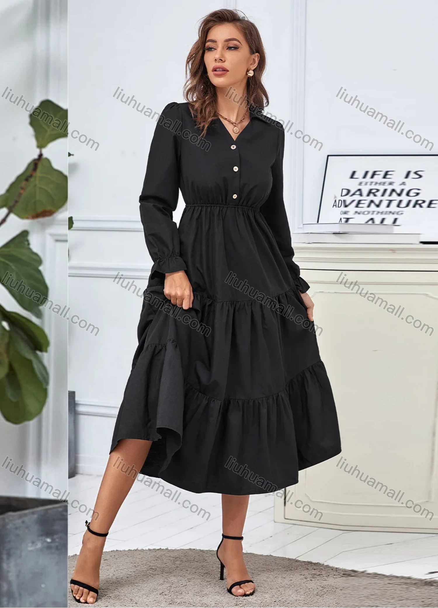 Wholesale Women's Turn-down Collar Long Sleeve Button Front Flared Hem Plain Casual Midi Shirt Dress 3278X# - Liuhuamall
