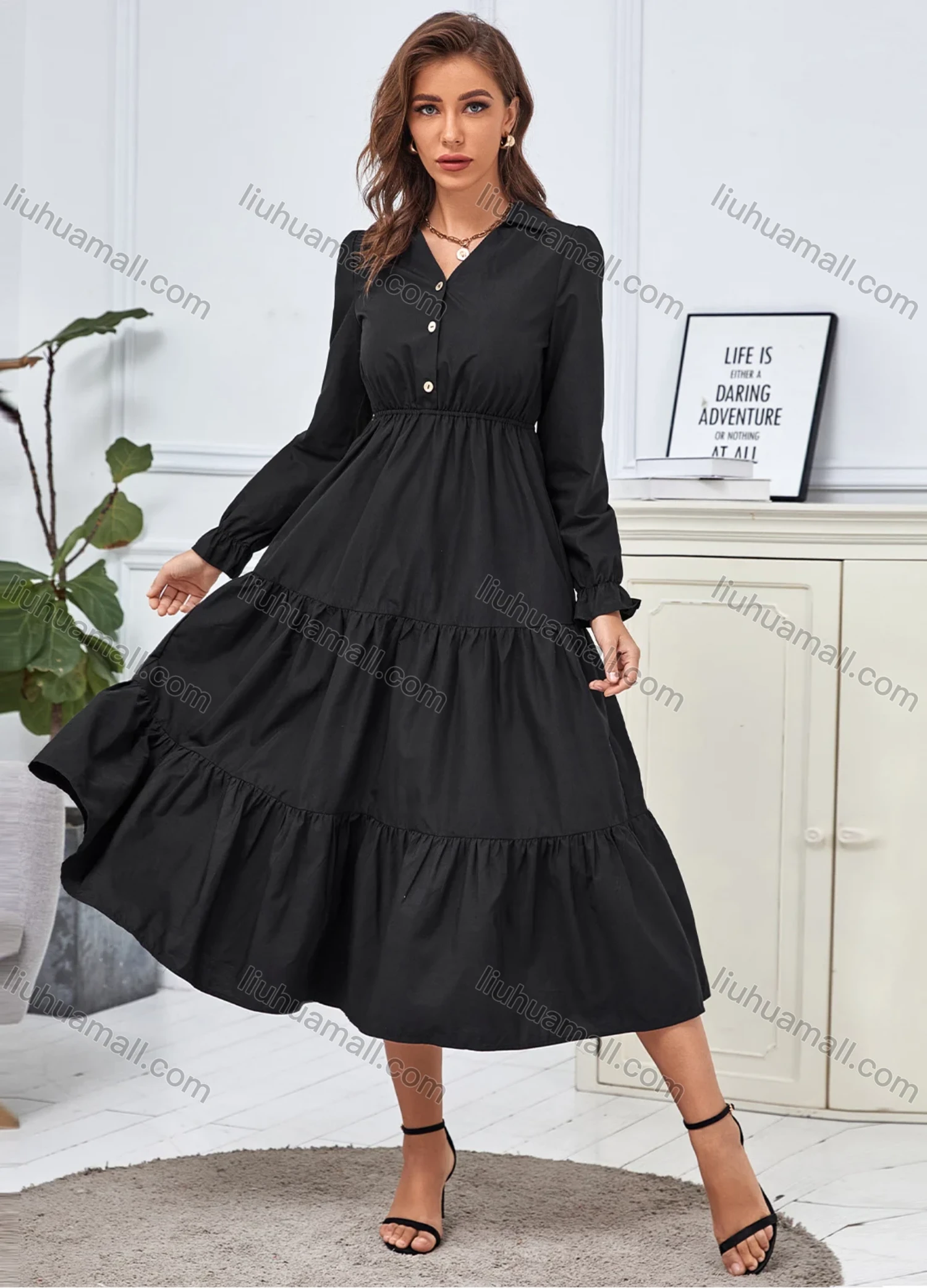 Wholesale Women's Turn-down Collar Long Sleeve Button Front Flared Hem Plain Casual Midi Shirt Dress 3278X# - Liuhuamall